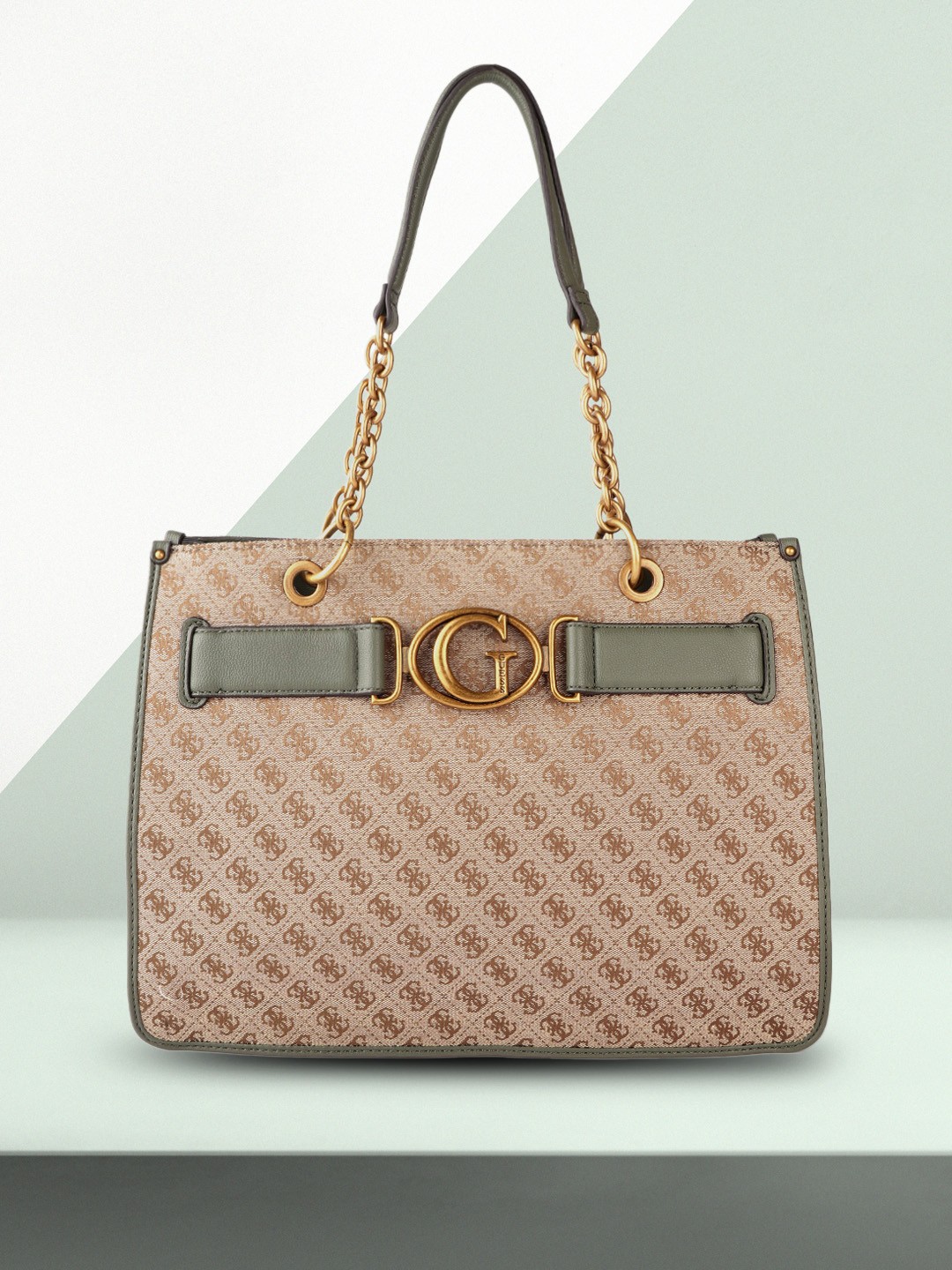 

GUESS Women Beige & Olive Green Brand Logo Print Structured Shoulder Bag
