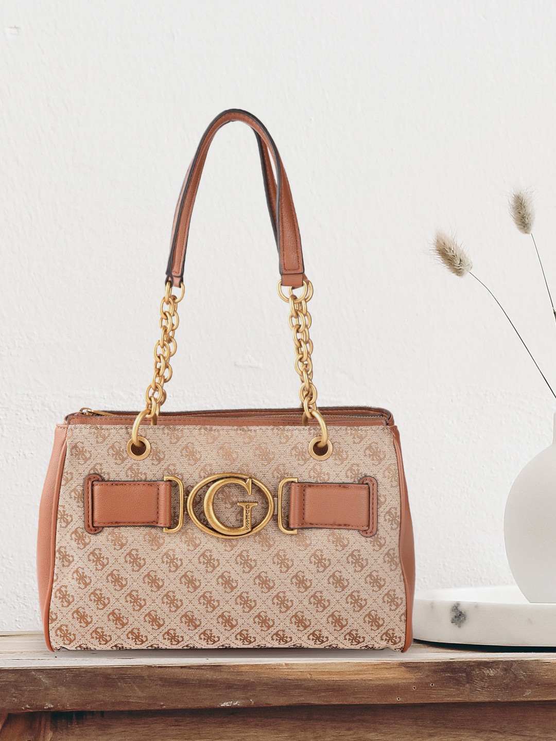 

GUESS Women Beige & Brown Brand Logo Print Structured Shoulder Bag
