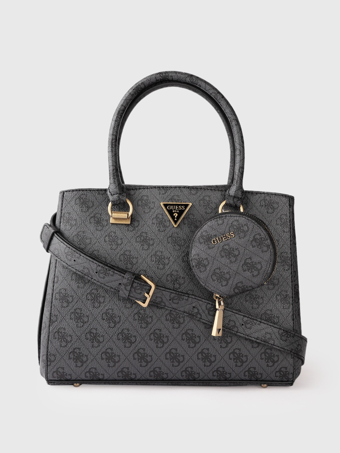 

GUESS Women Navy Blue & Black Brand Logo Print Structured Handheld Bag