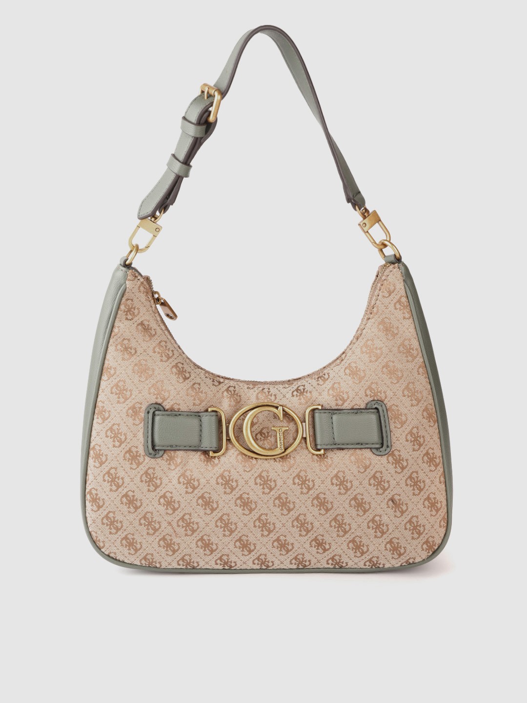 

GUESS Women Olive & Beige Brand Logo Print Structured Shoulder Bag