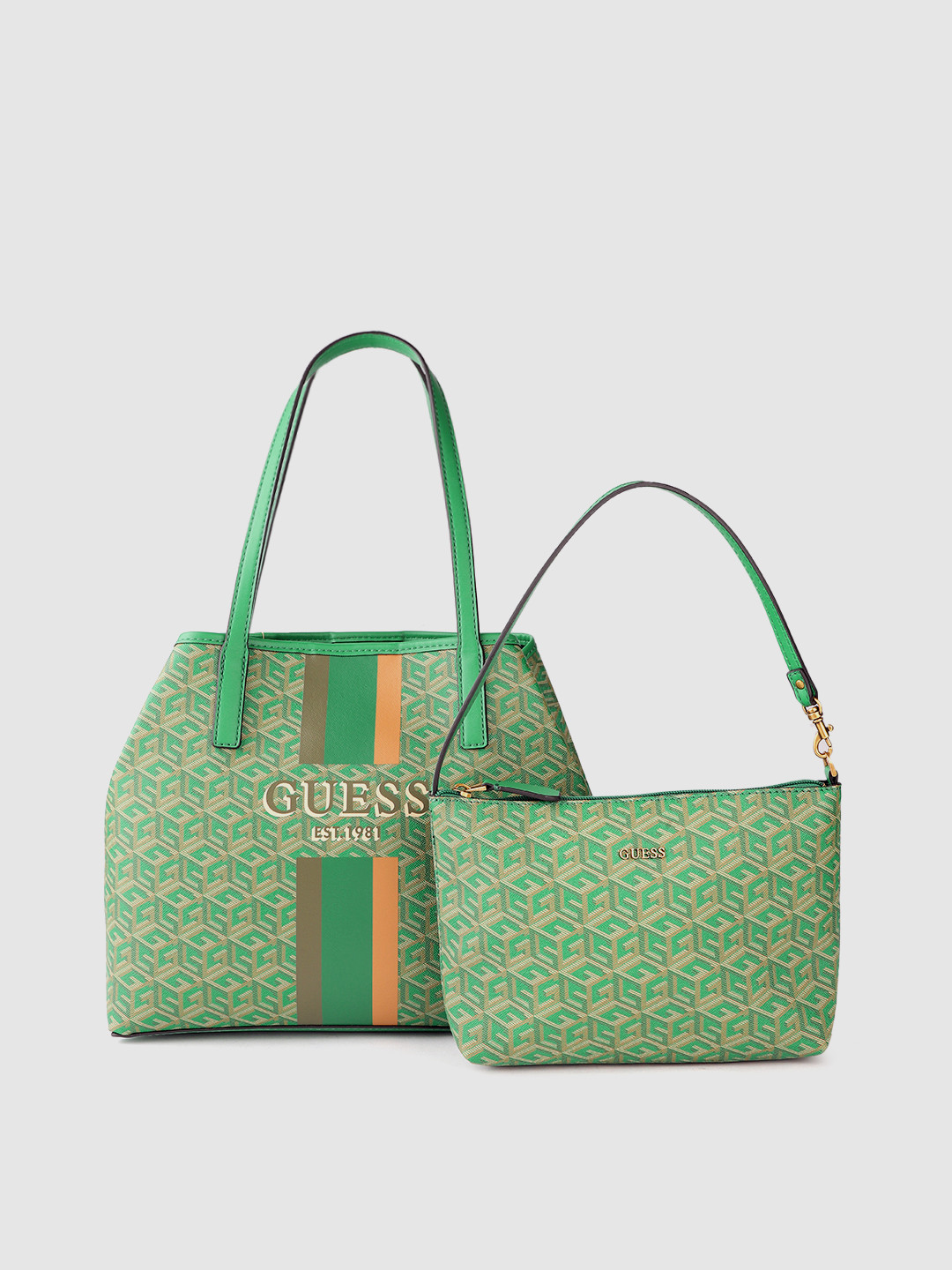

GUESS Women Green Brand Logo Print Structured Shoulder Bag