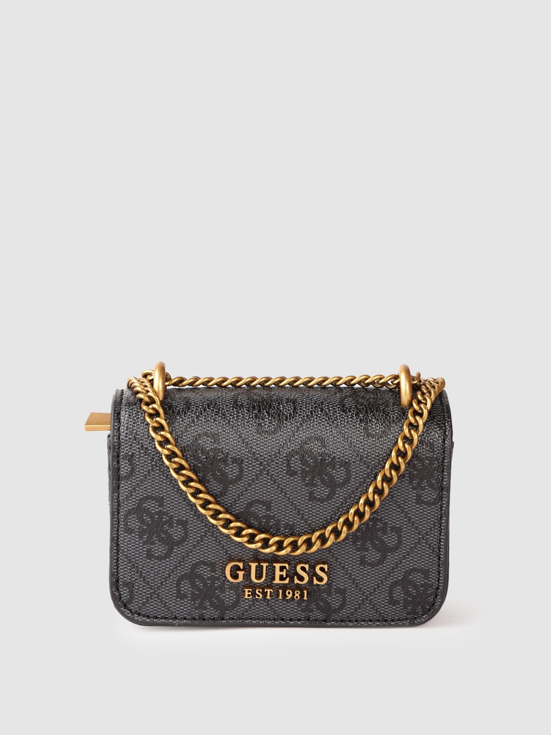 

GUESS Women Grey & Black Brand Logo Print Structured Sling Bag