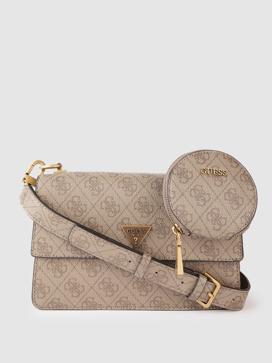 

GUESS Women Beige Brand Logo Print Structured Sling Bag
