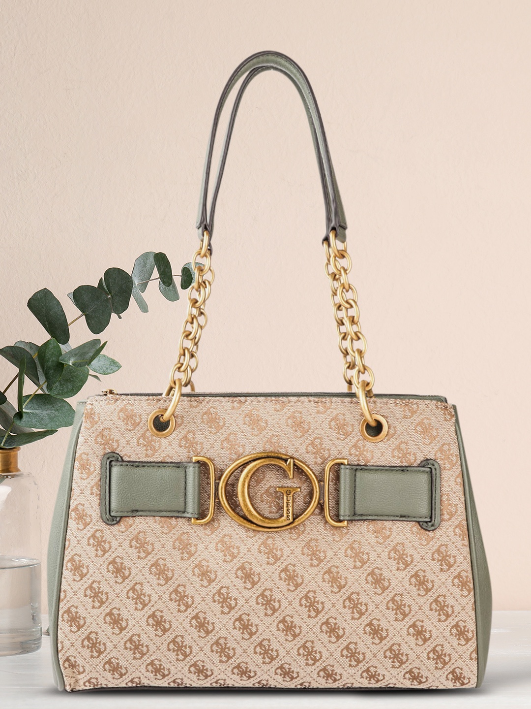 

GUESS Women Olive & Beige Brand Logo Print Structured Shoulder Bag