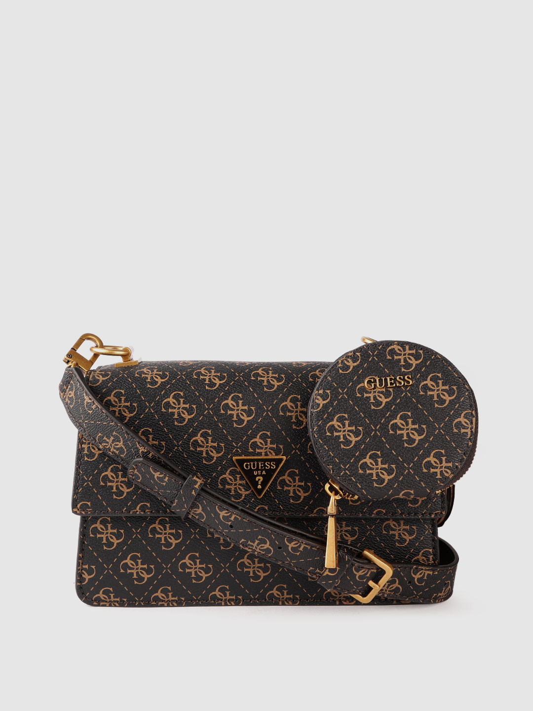 

GUESS Women Black & Brown Brand Logo Print Structured Sling Bag
