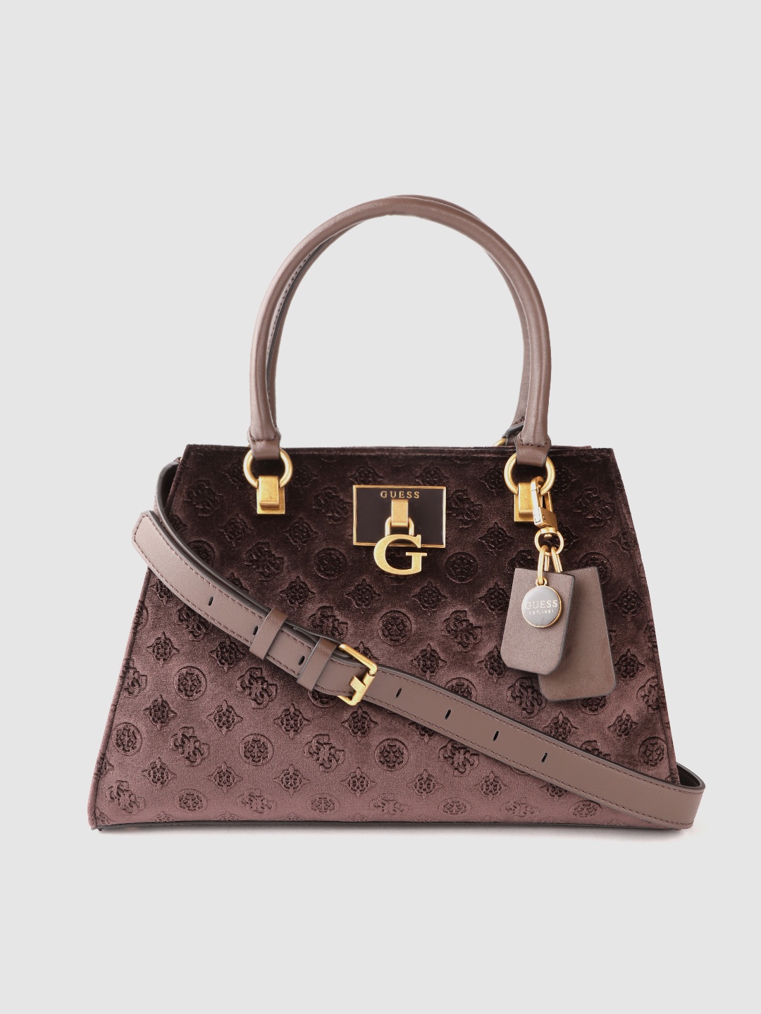 

GUESS Women Coffee Brown Textured Structured Handheld Bag