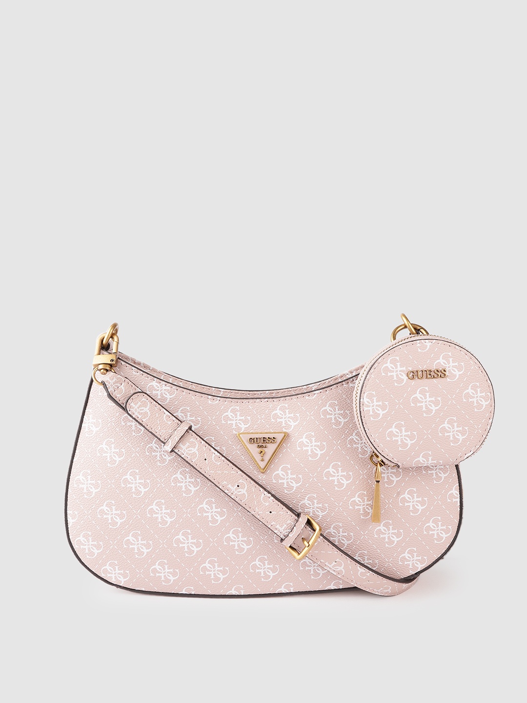 

GUESS Women Pink & White Brand Logo Print Structured Shoulder Bag