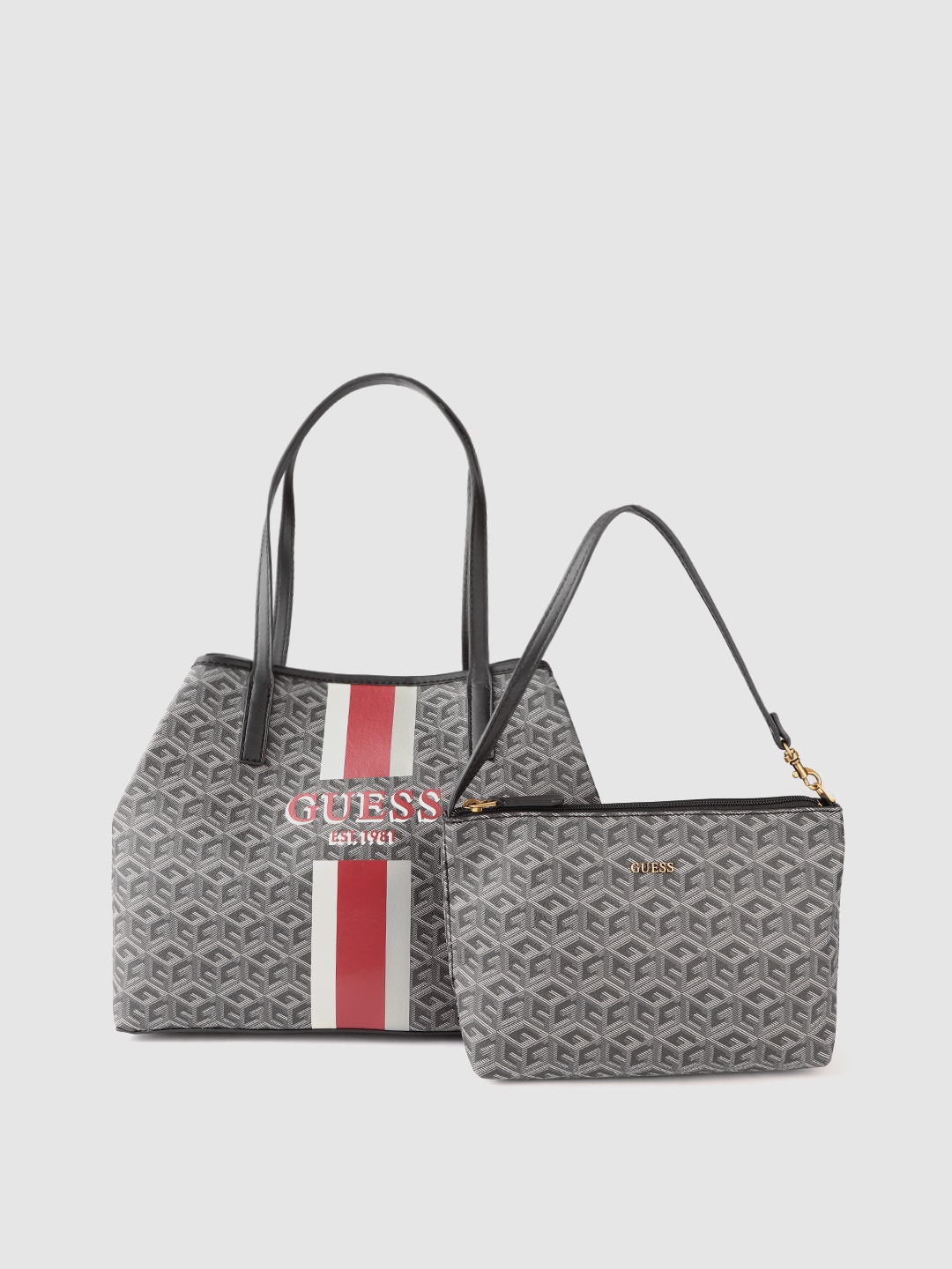 

GUESS Grey & Black Brand Logo Print Structured Shoulder Bag