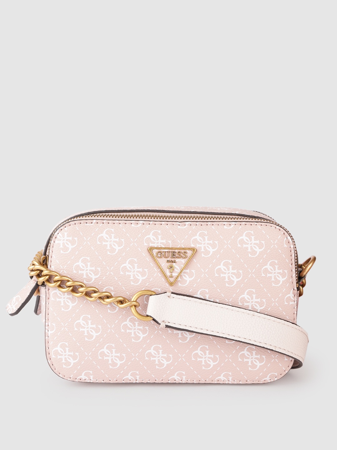 

GUESS Women Pink & White Brand Logo Print Structured Sling Bag