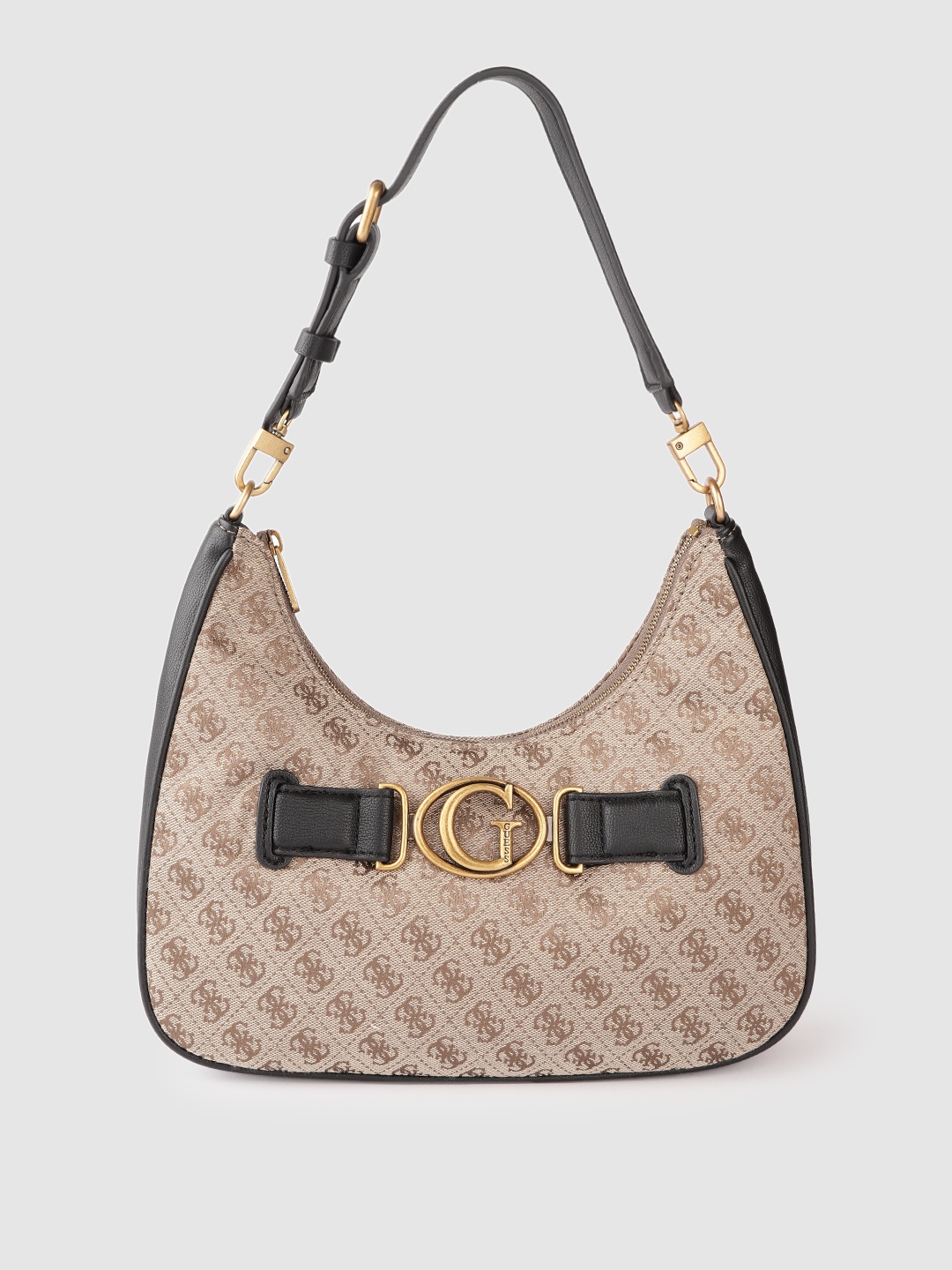 

GUESS Women Black & Beige Brand Logo Print Structured Shoulder Bag
