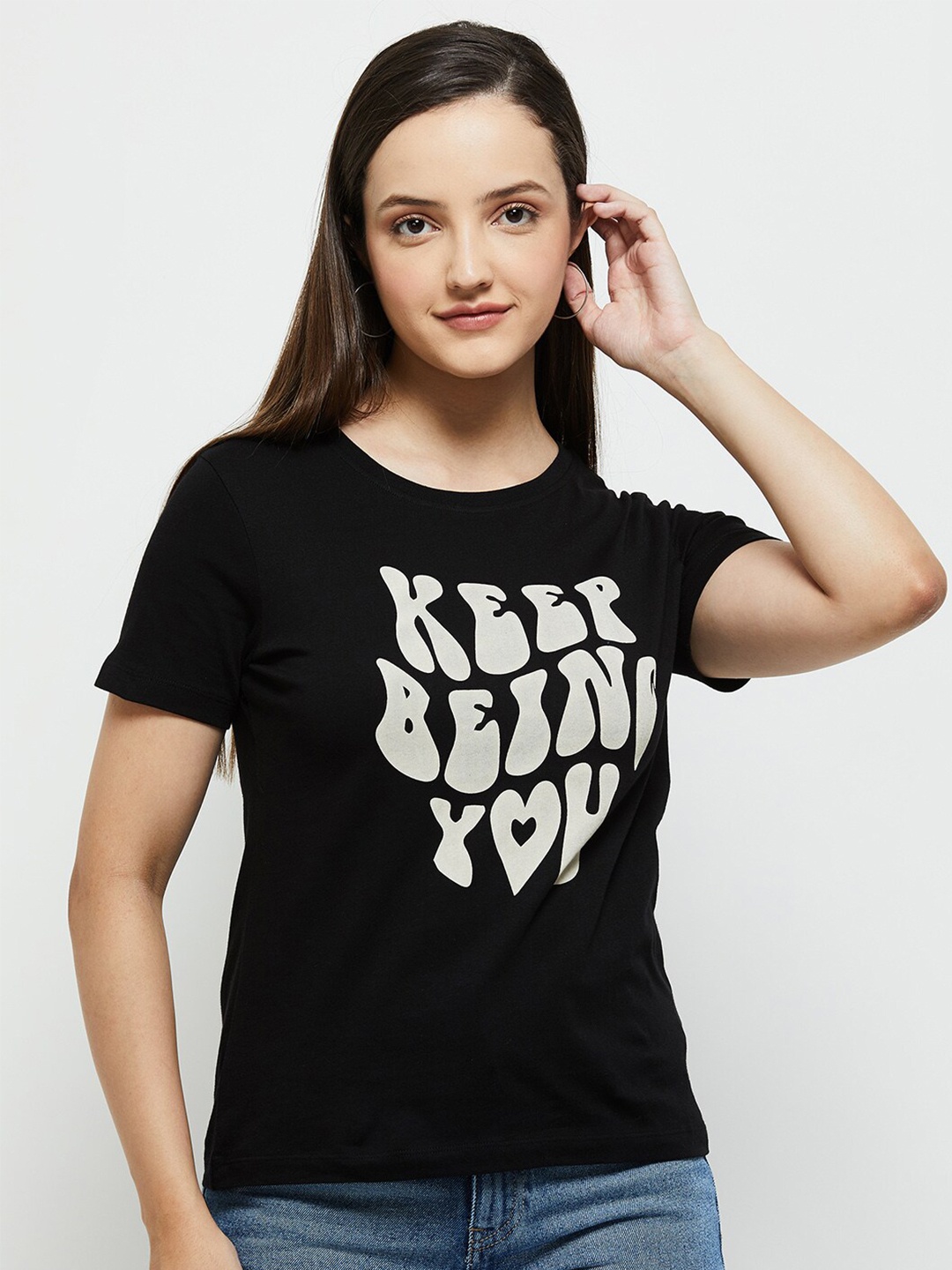 

max Women Black Typography Printed Cotton T-shirt