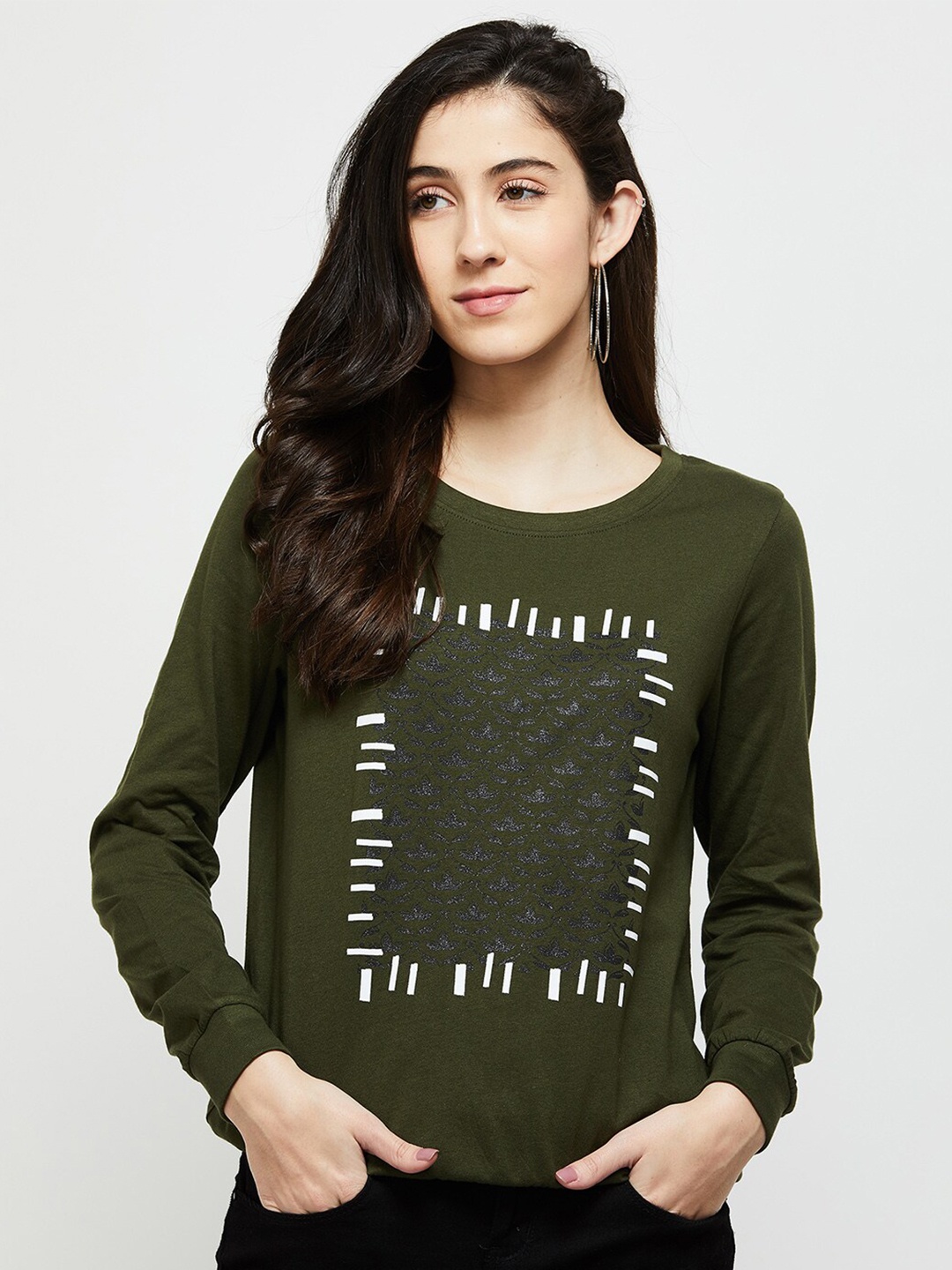 

max Women Olive Green Printed Cotton T-shirt