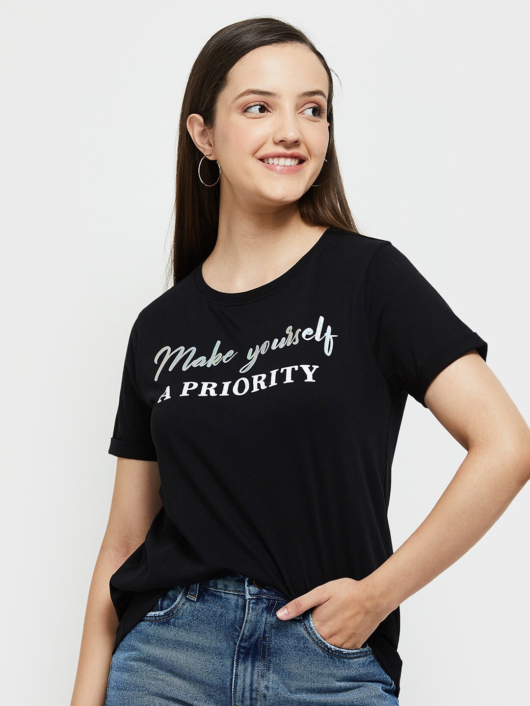 

max Women Black Typography Printed Cotton T-shirt