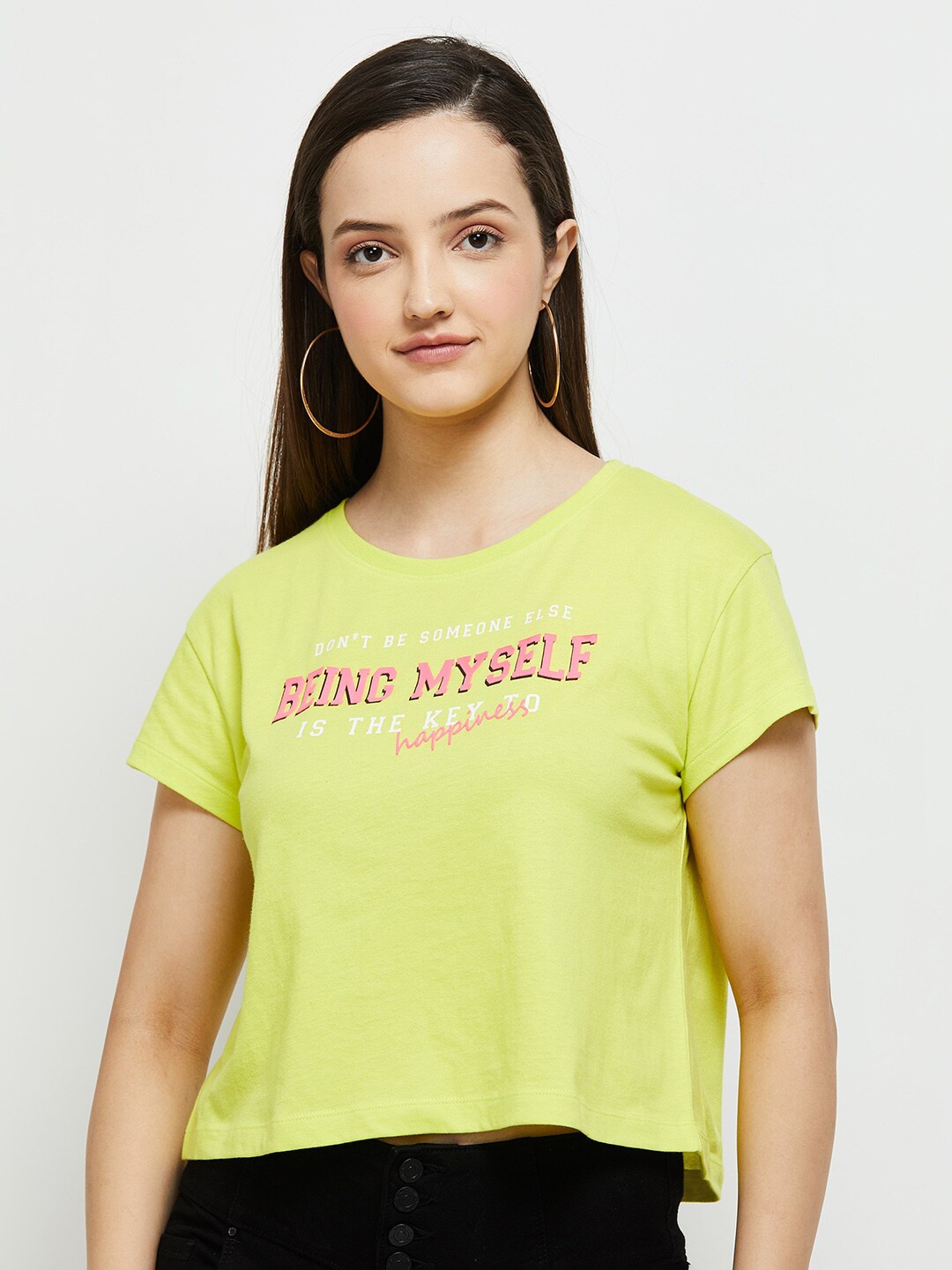 

max Women Lime Green Typography Printed V-Neck T-shirt