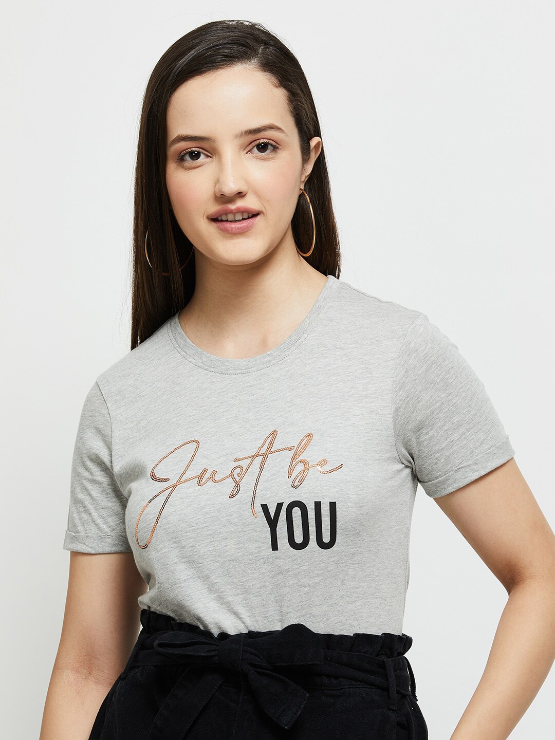 

max Women Grey Typography Printed Cotton T-shirt