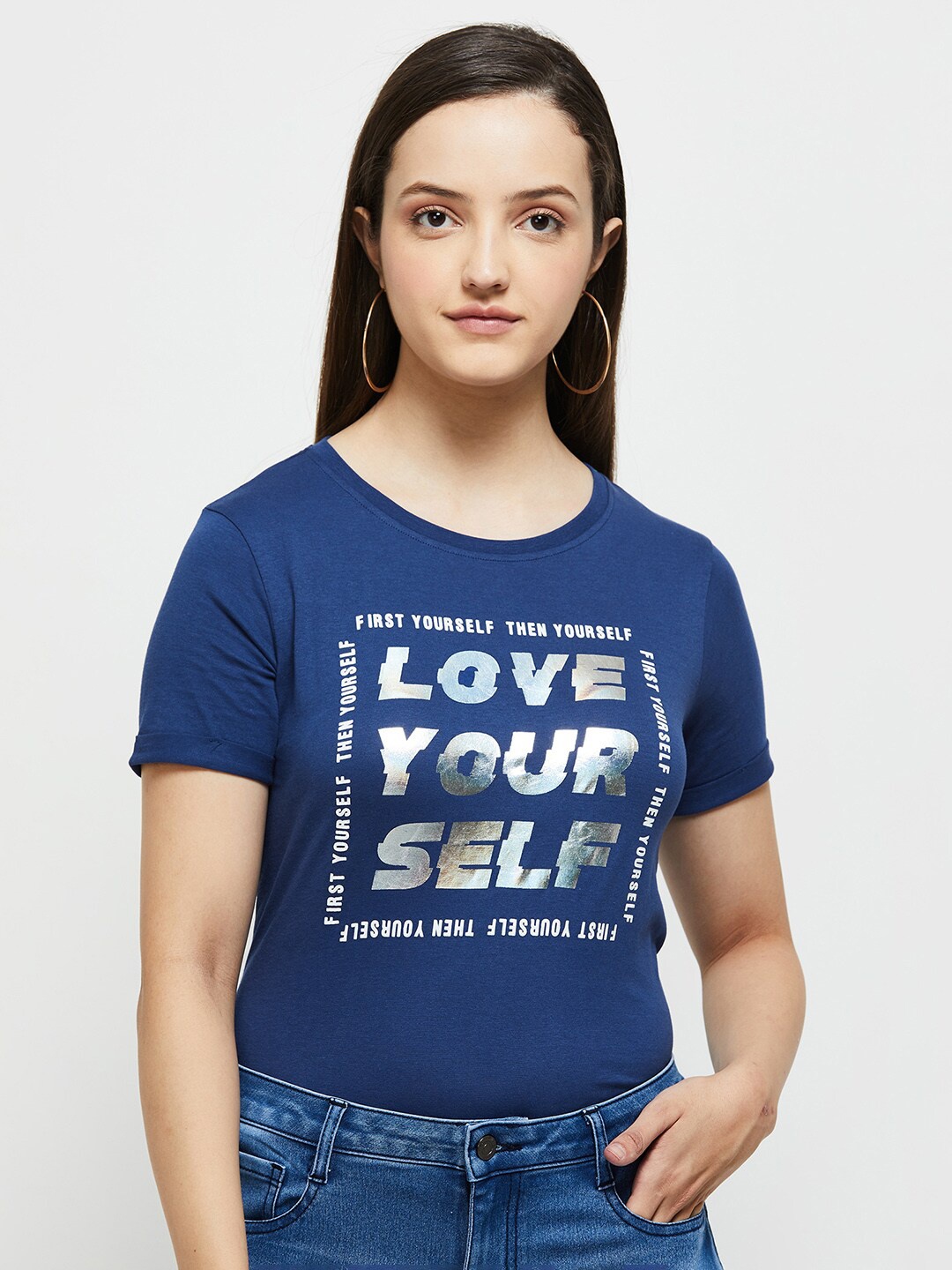 

max Women Navy Blue Typography Printed Cotton T-shirt