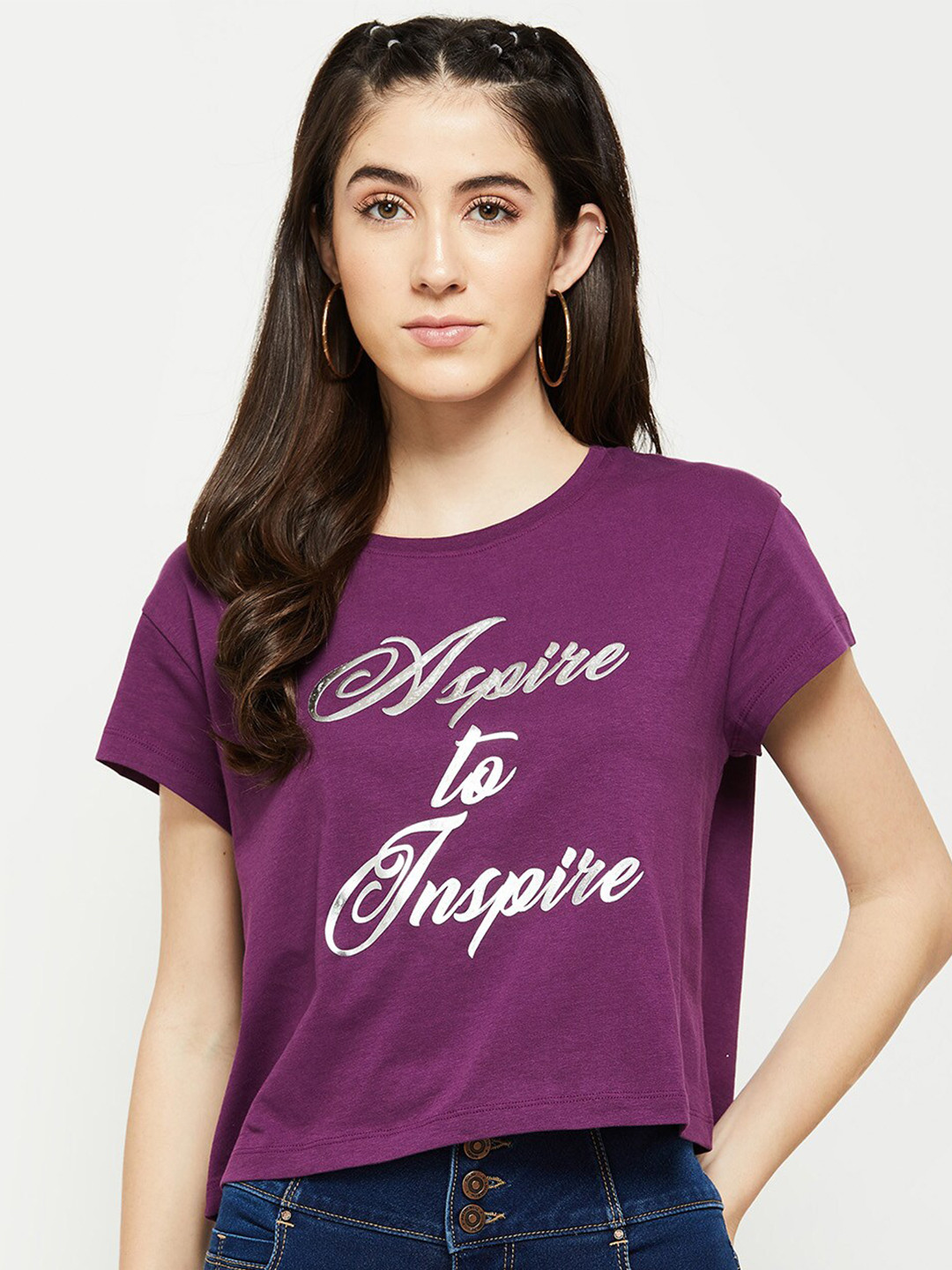 

max Women Purple Typography Printed Crop Cotton T-shirt