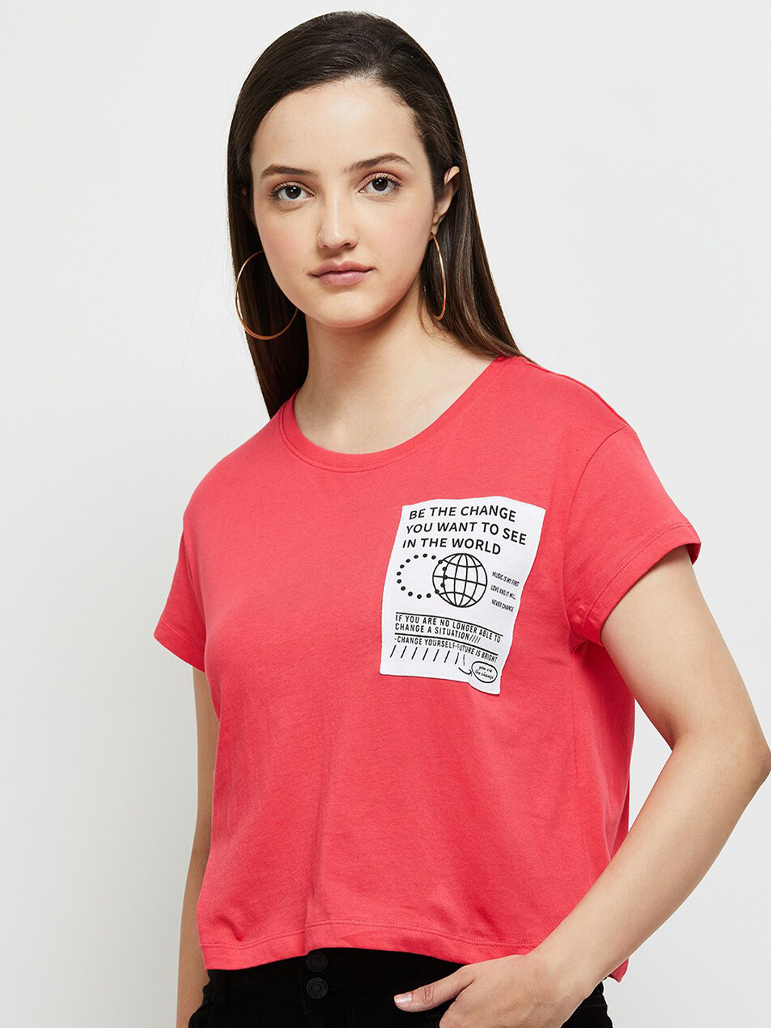 

max Women Pink Typography Cotton T-shirt, Red