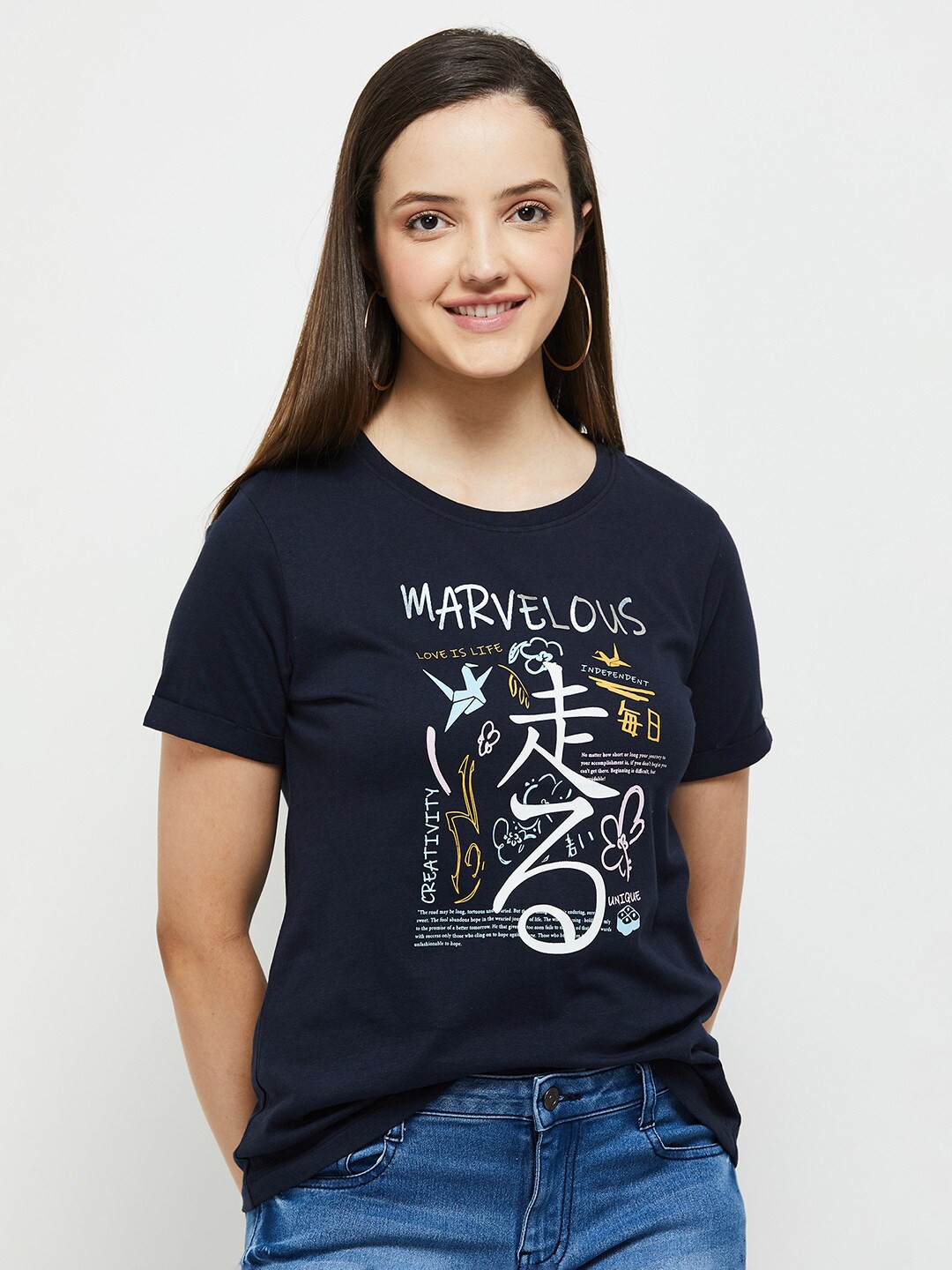 

max Women Navy Blue Typography Printed Cotton T-shirt