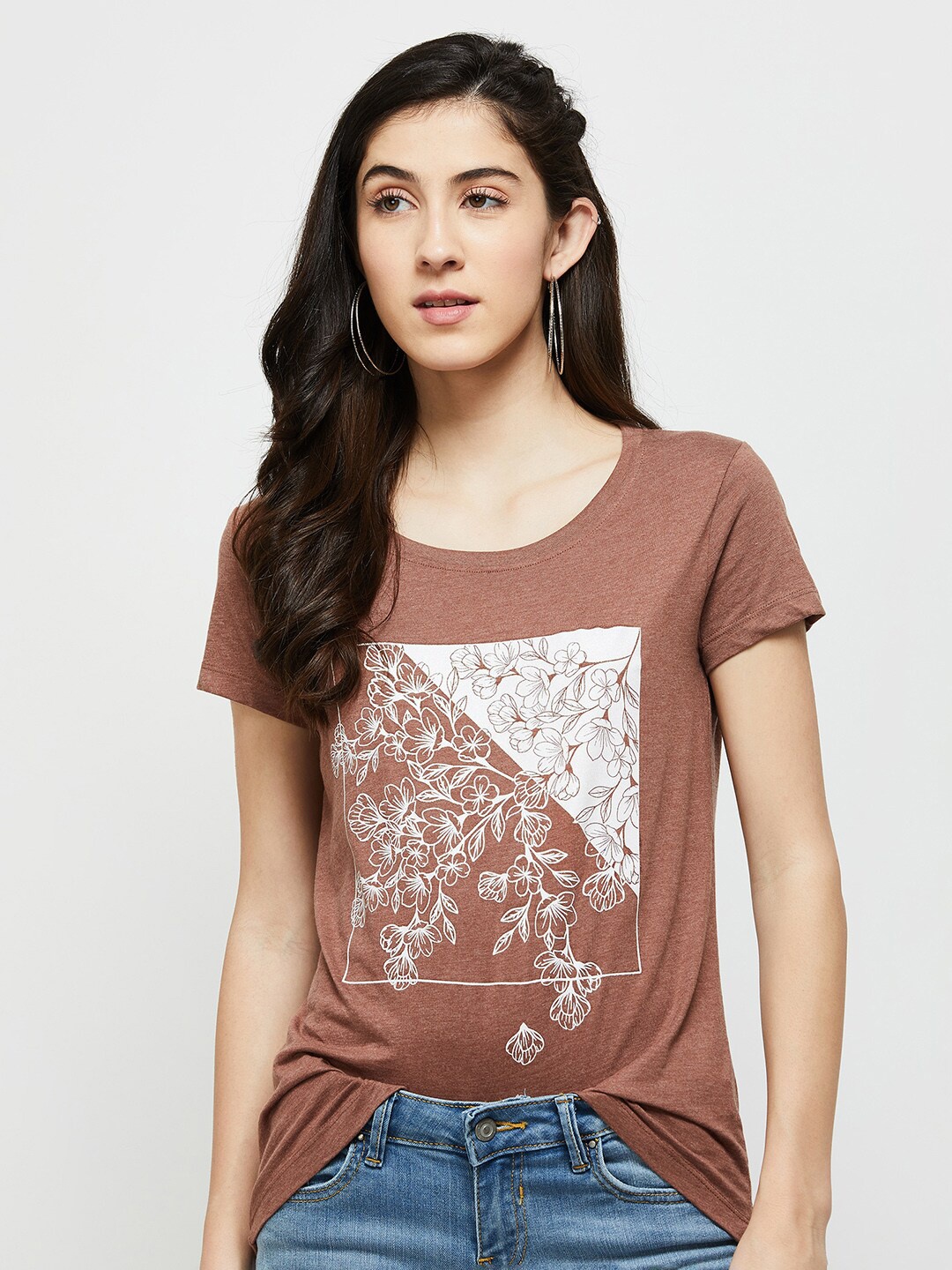 

max Women Brown Printed Cotton T-shirt