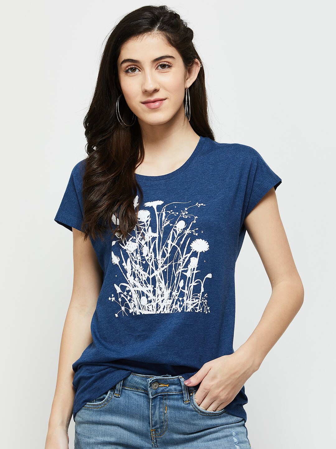 

max Women Blue Printed Round Neck Cotton T-shirt