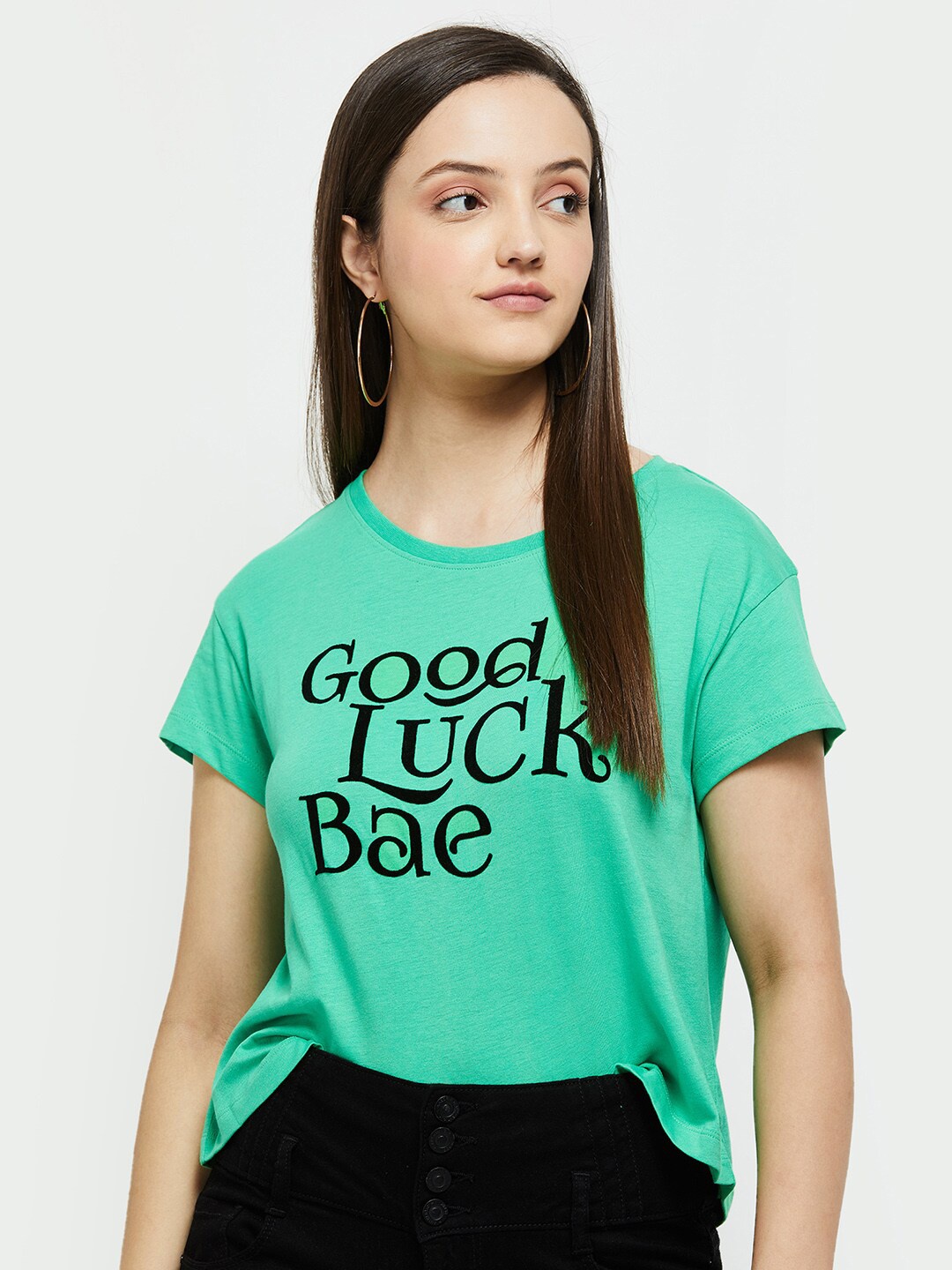

max Women Green Printed Round Neck Cotton T-shirt