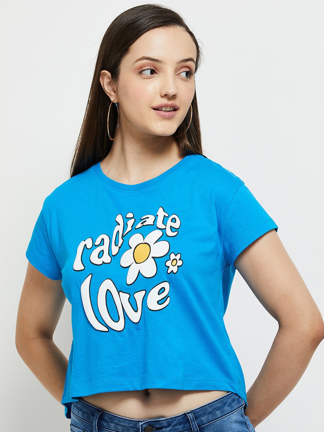 max Women Blue Printed Cotton T-shirt