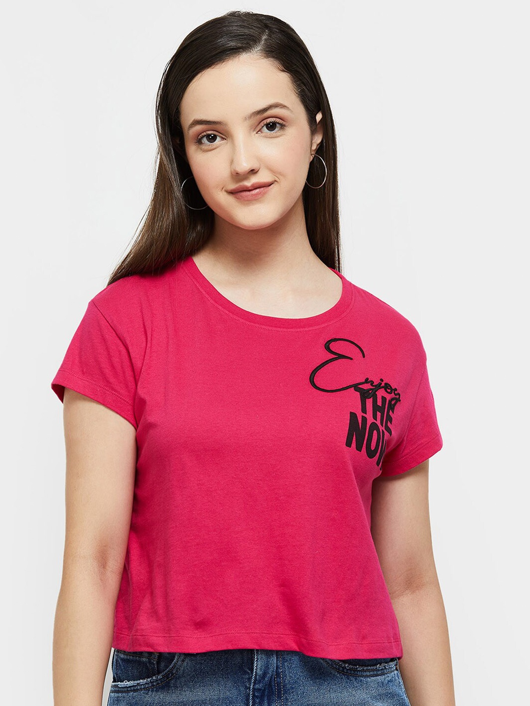 

max Women Fuchsia Round Neck Cotton T-shirt