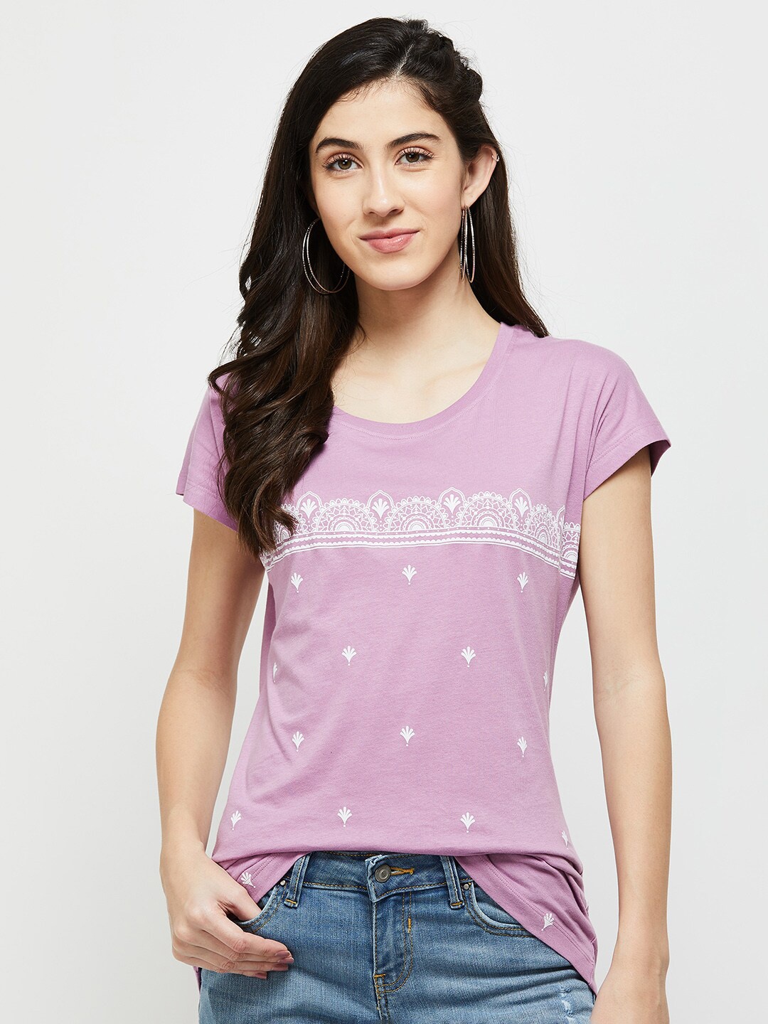 

max Women Purple Printed Cotton T-shirt