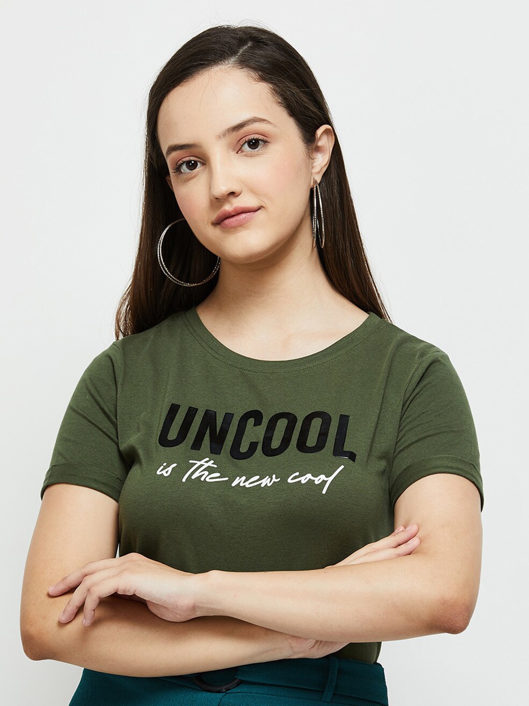 

max Women Olive Green Typography Printed Cotton T-shirt