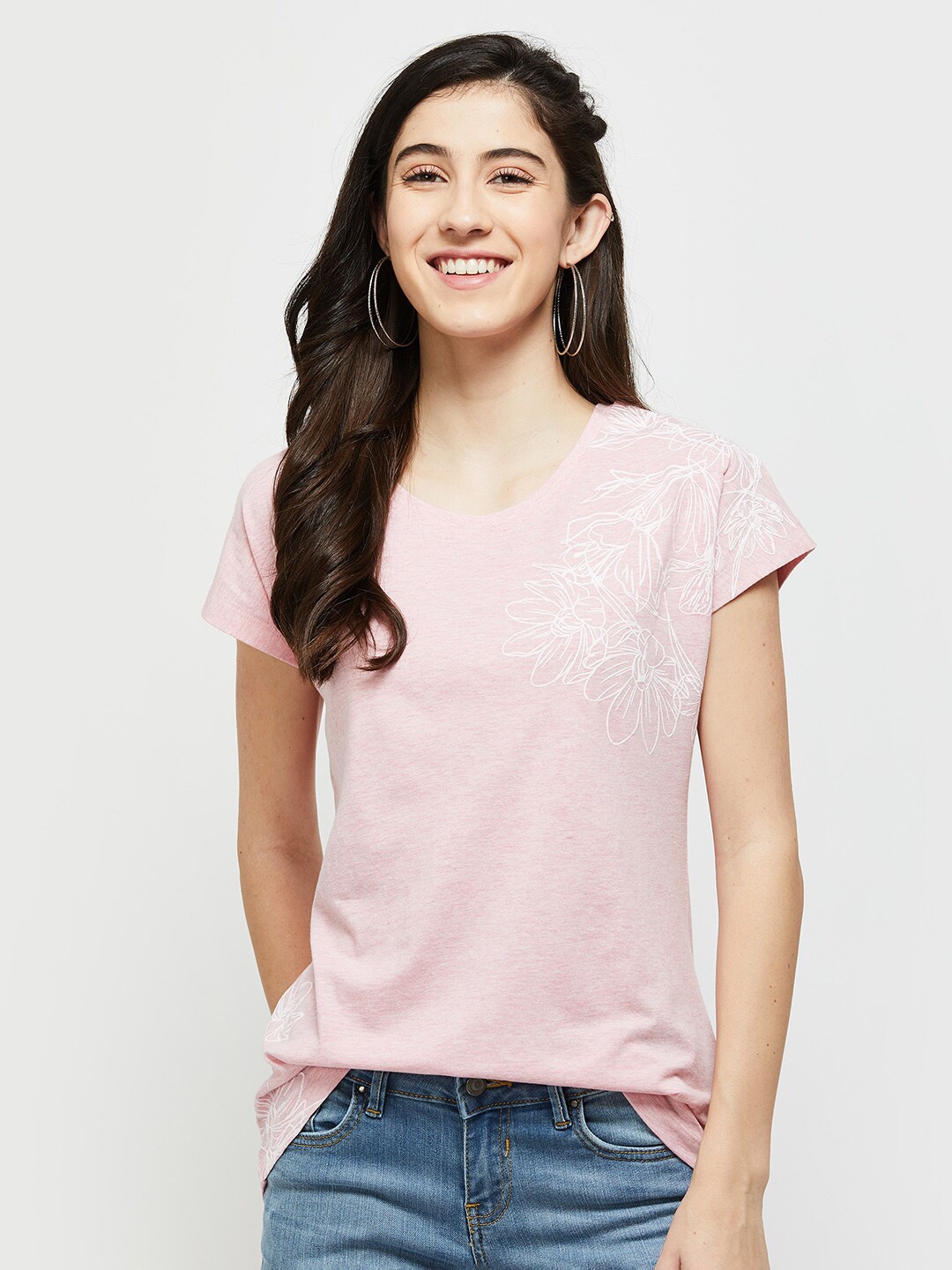 

max Women Pink Floral Printed Pure Cotton T-shirt