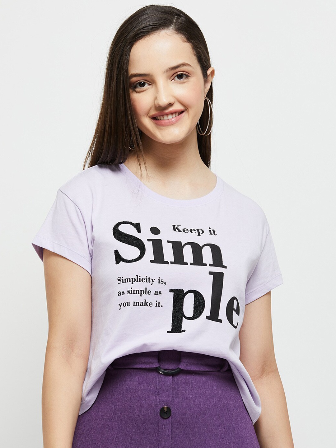 

max Women Purple Typography Printed Drop-Shoulder Sleeves Pure Cotton T-shirt