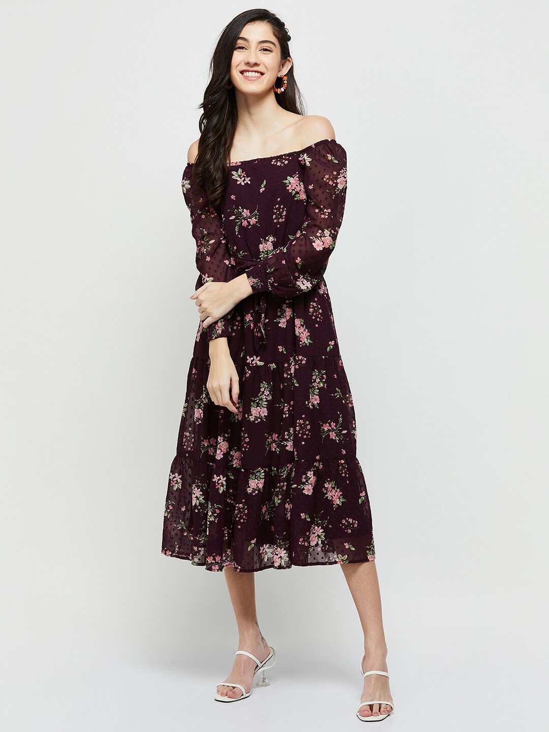 

max Maroon & Pink Floral Off-Shoulder Midi Dress
