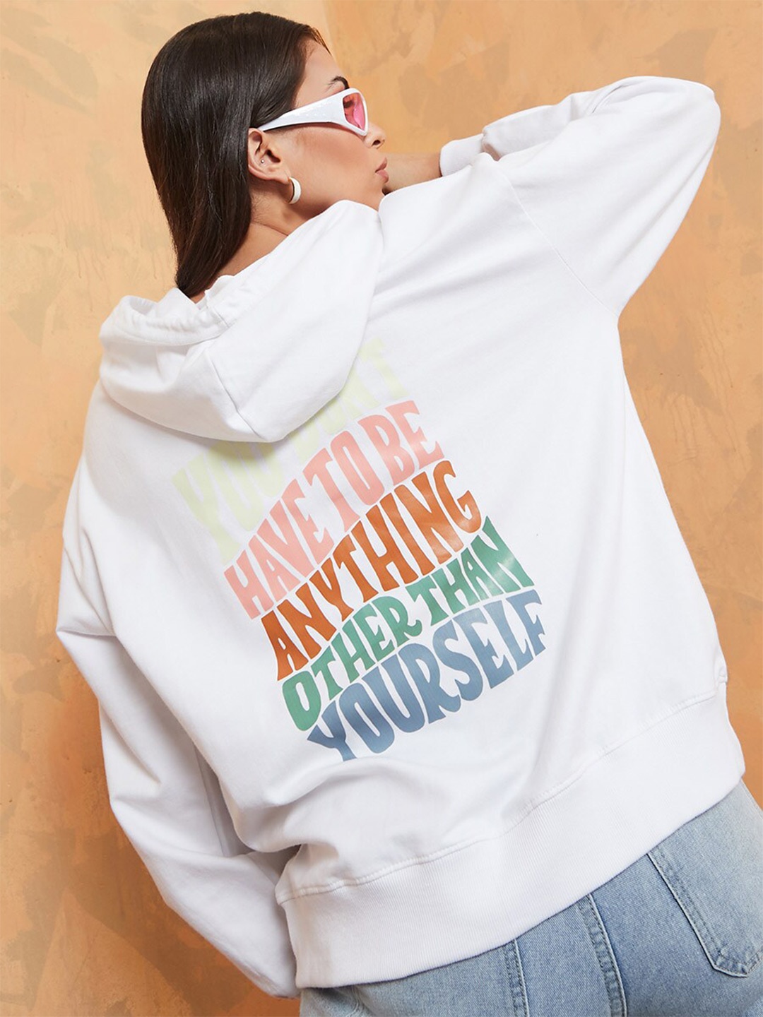 

Styli Women White Printed Cotton Hooded Sweatshirt
