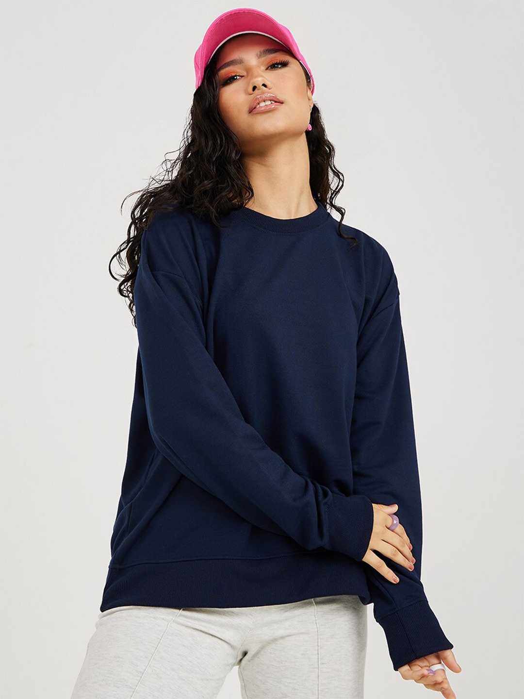 

Styli Women Navy Blue Solid Cotton Sweatshirt