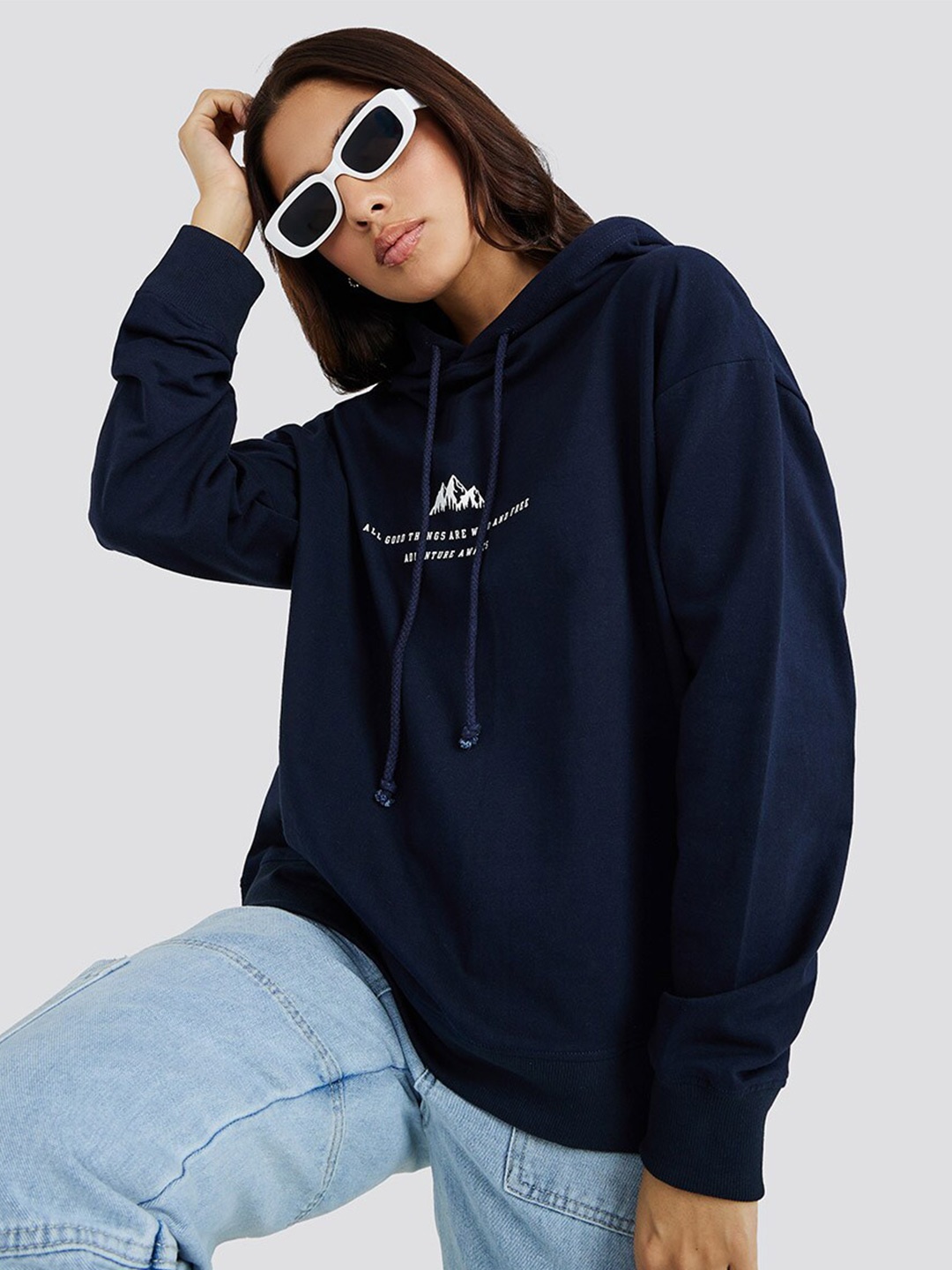 

Styli Women Navy Blue Solid Hooded Cotton Sweatshirt