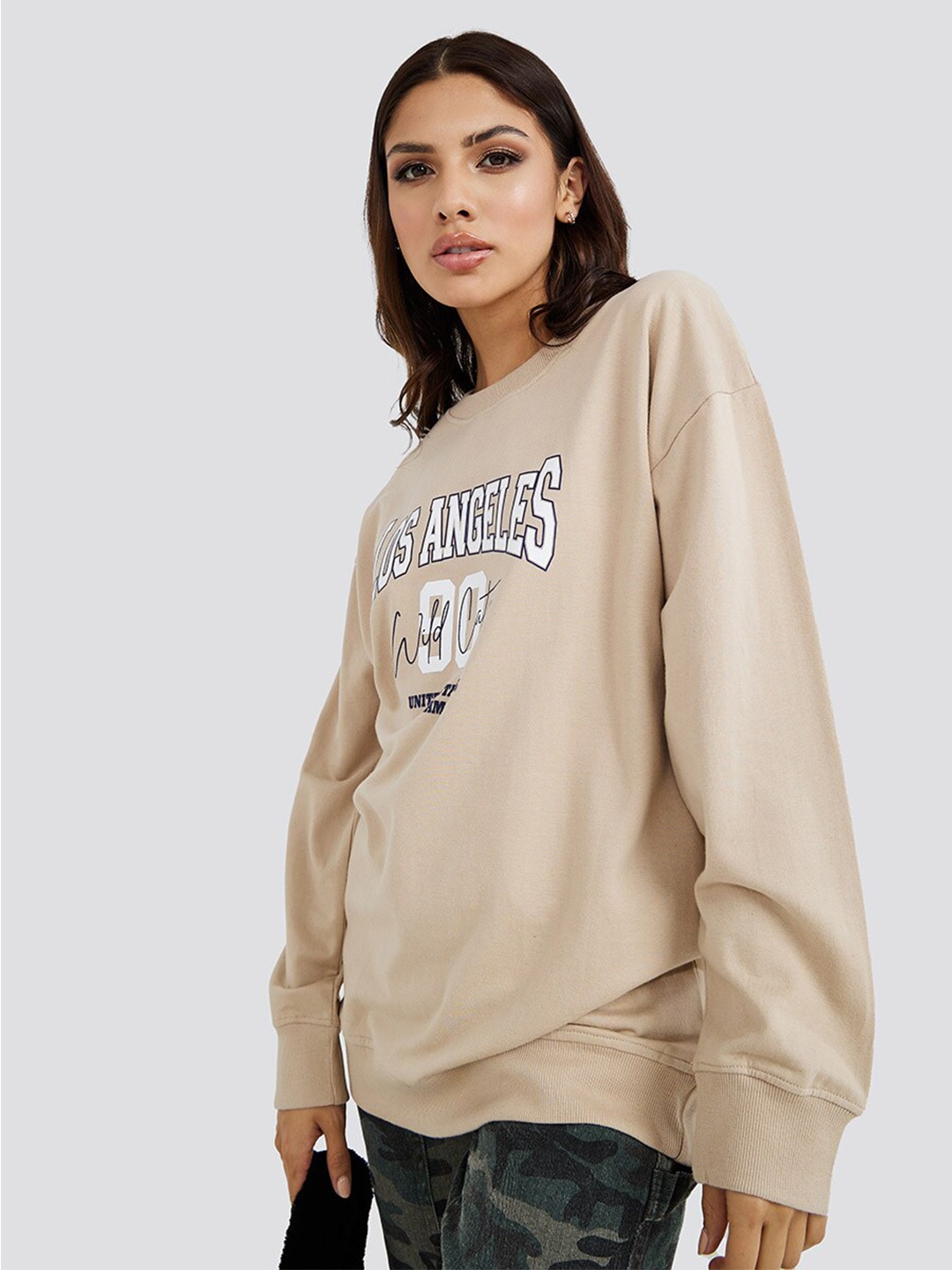

Styli Women Beige Printed Cotton Sweatshirt