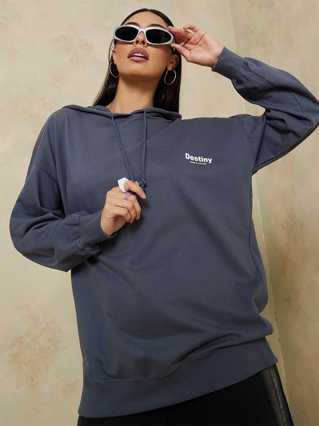 

Styli Women Grey Printed Cotton Hooded Sweatshirt