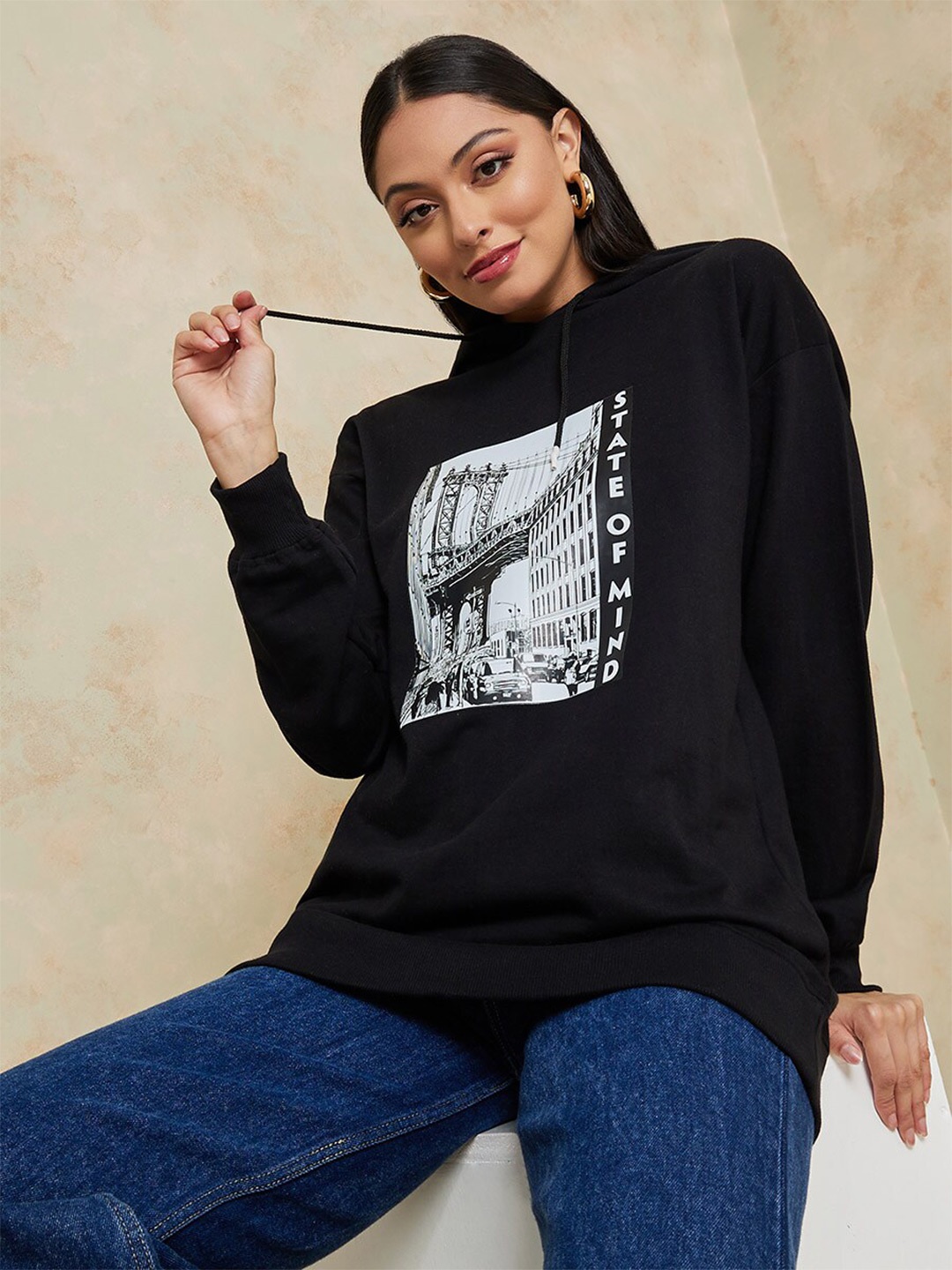 

Styli Women Black Printed Cotton Hooded Sweatshirt