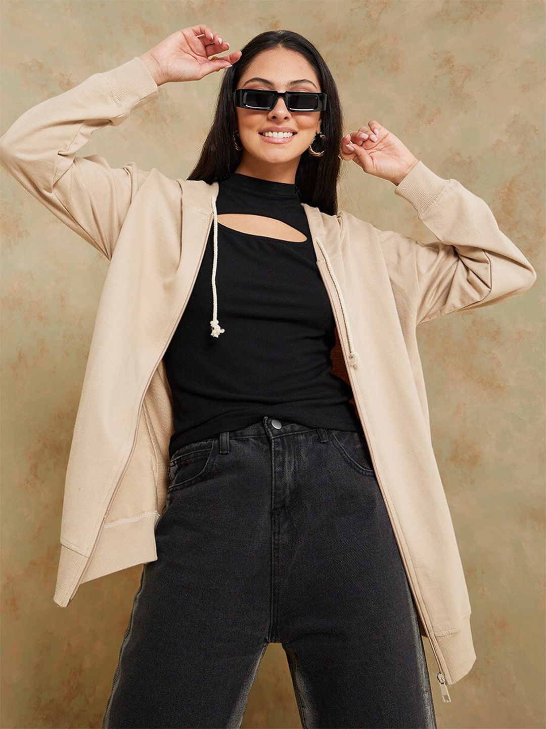 

Styli Women Beige Front-Open Cotton Hooded Sweatshirt