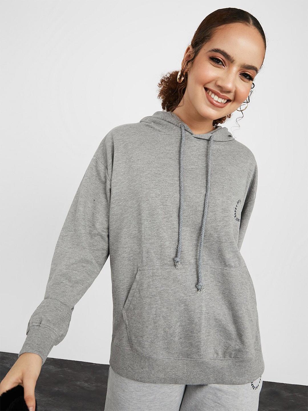 

Styli Women Grey Solid Cotton Hooded Sweatshirt