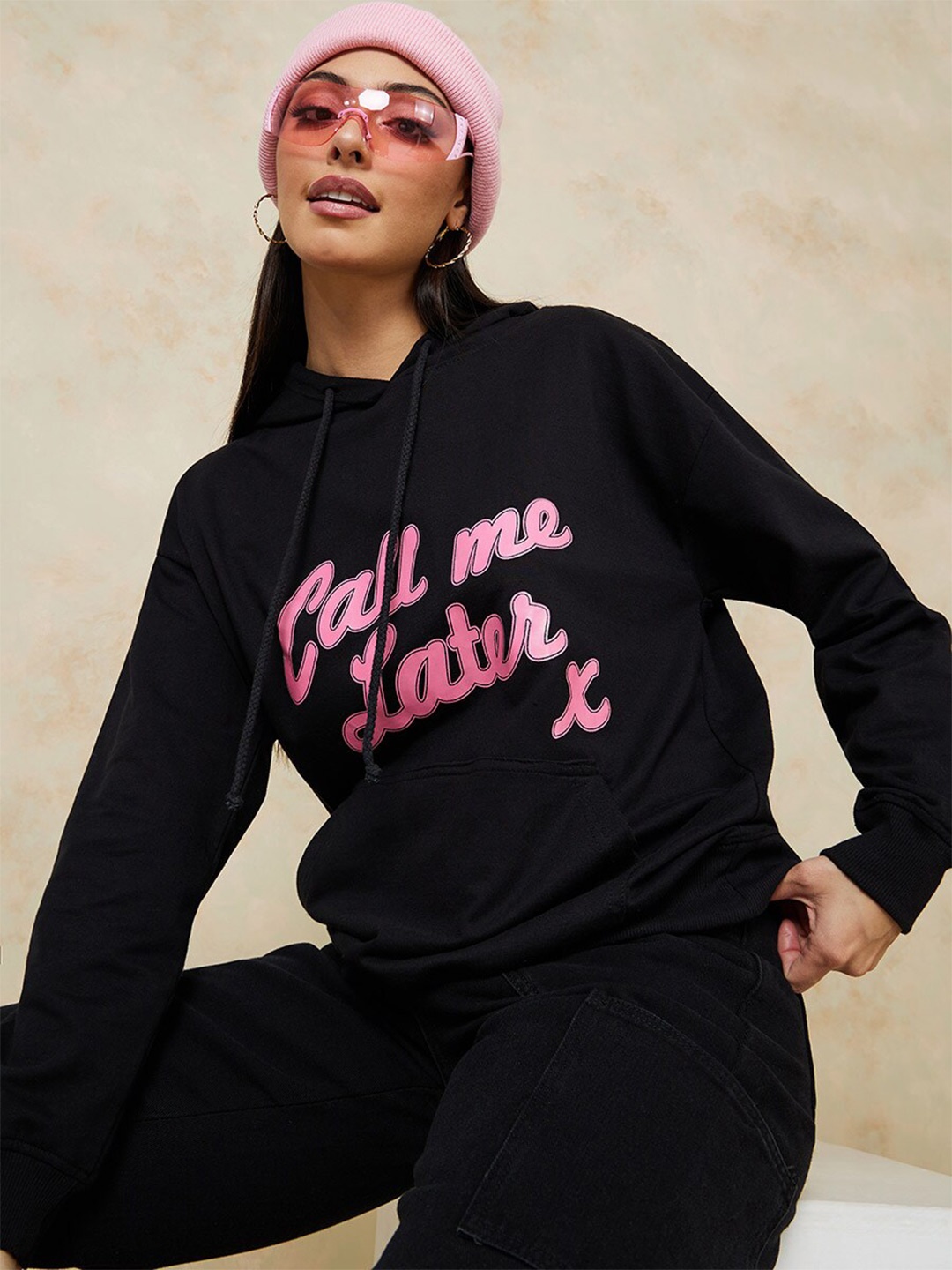 

Styli Women Black Printed Hooded Sweatshirt