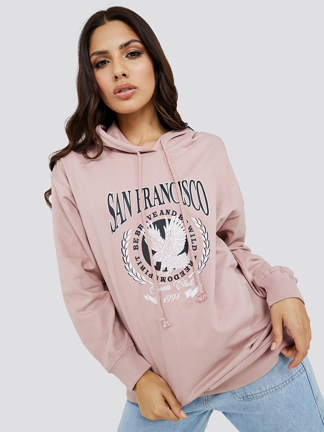 

Styli Women Pink Printed Hooded Sweatshirt