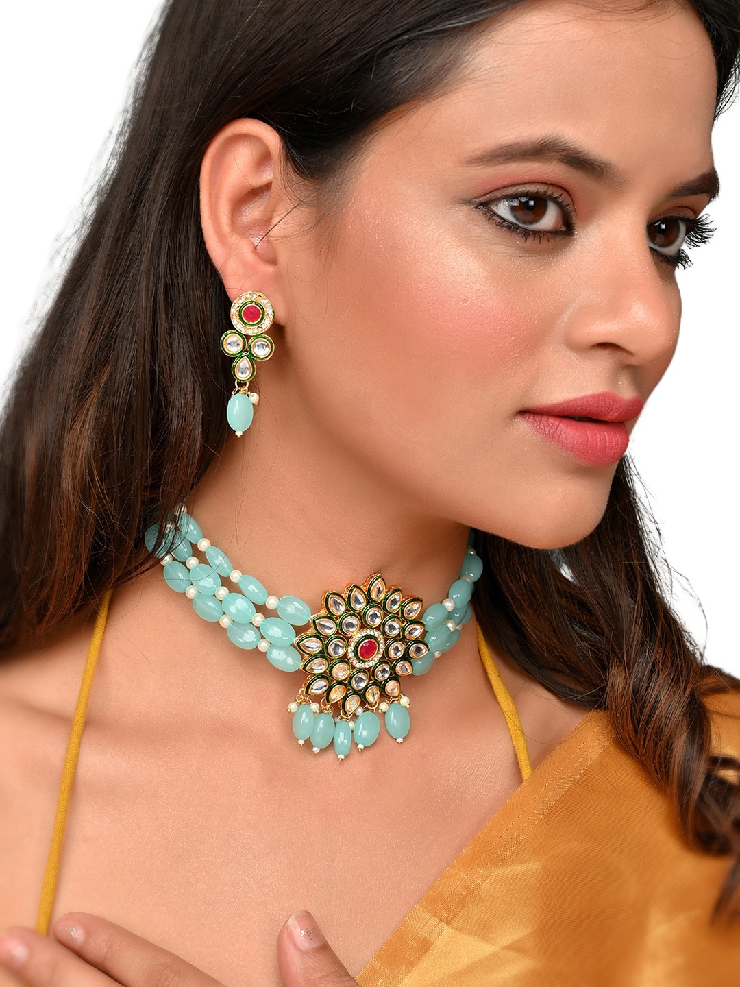 

ROHINIKA Gold-Plated Turquoise Blue Kundan Studded Meenakari Jewellery Set