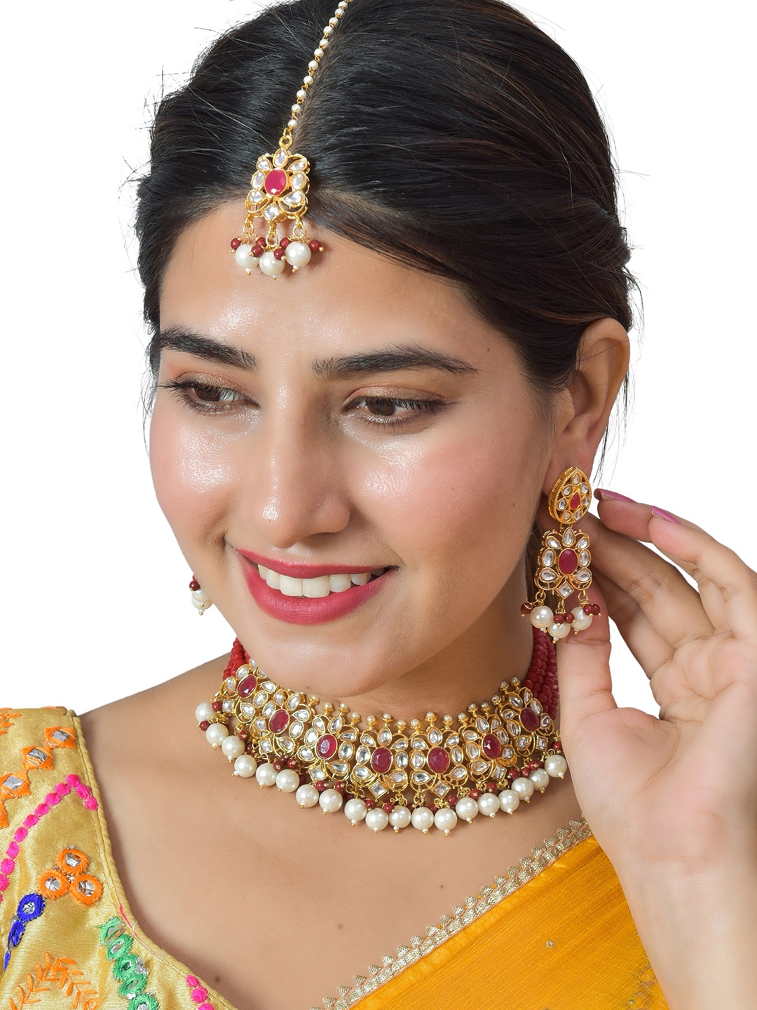 

ROHINIKA Gold-Plated Red & White Kundan Studded & Beaded Meenekari Jewellery Set