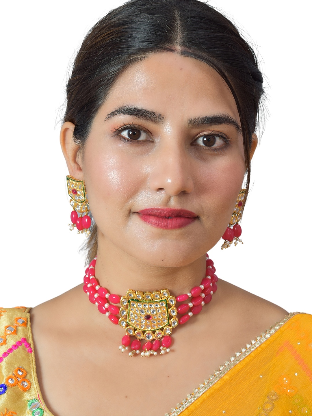 

ROHINIKA Gold-Plated Pink Kundan Studded & Beaded Jewellery Set