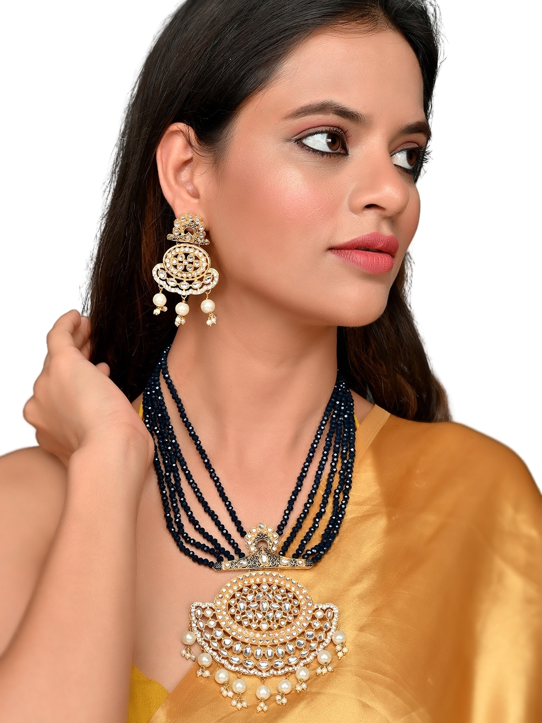 

ROHINIKA Gold-Plated Black AD Studded & Beaded Jewellery Set