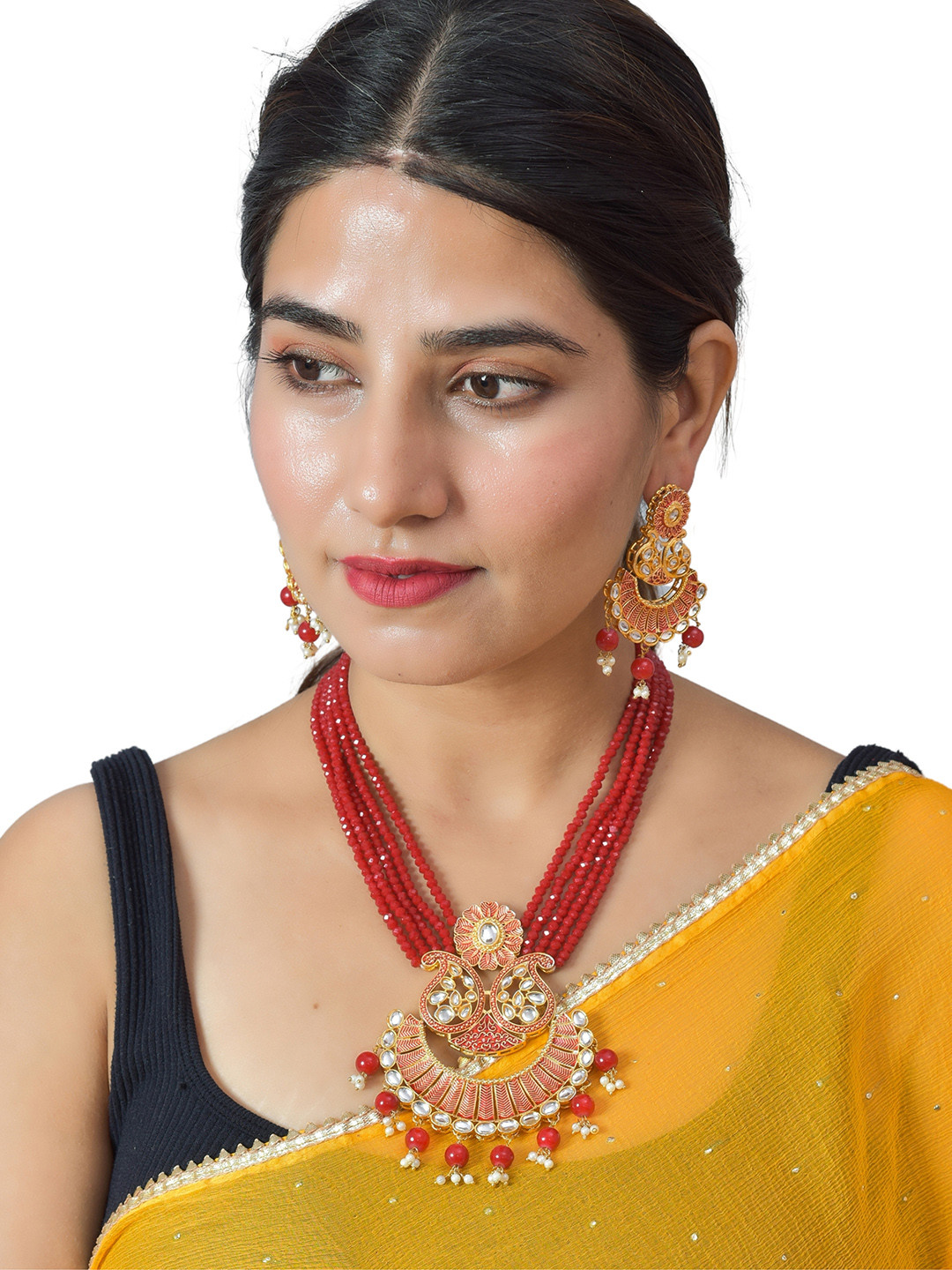 

ROHINIKA Gold-Plated Red Kundan Studded & Beaded Jewellery Set