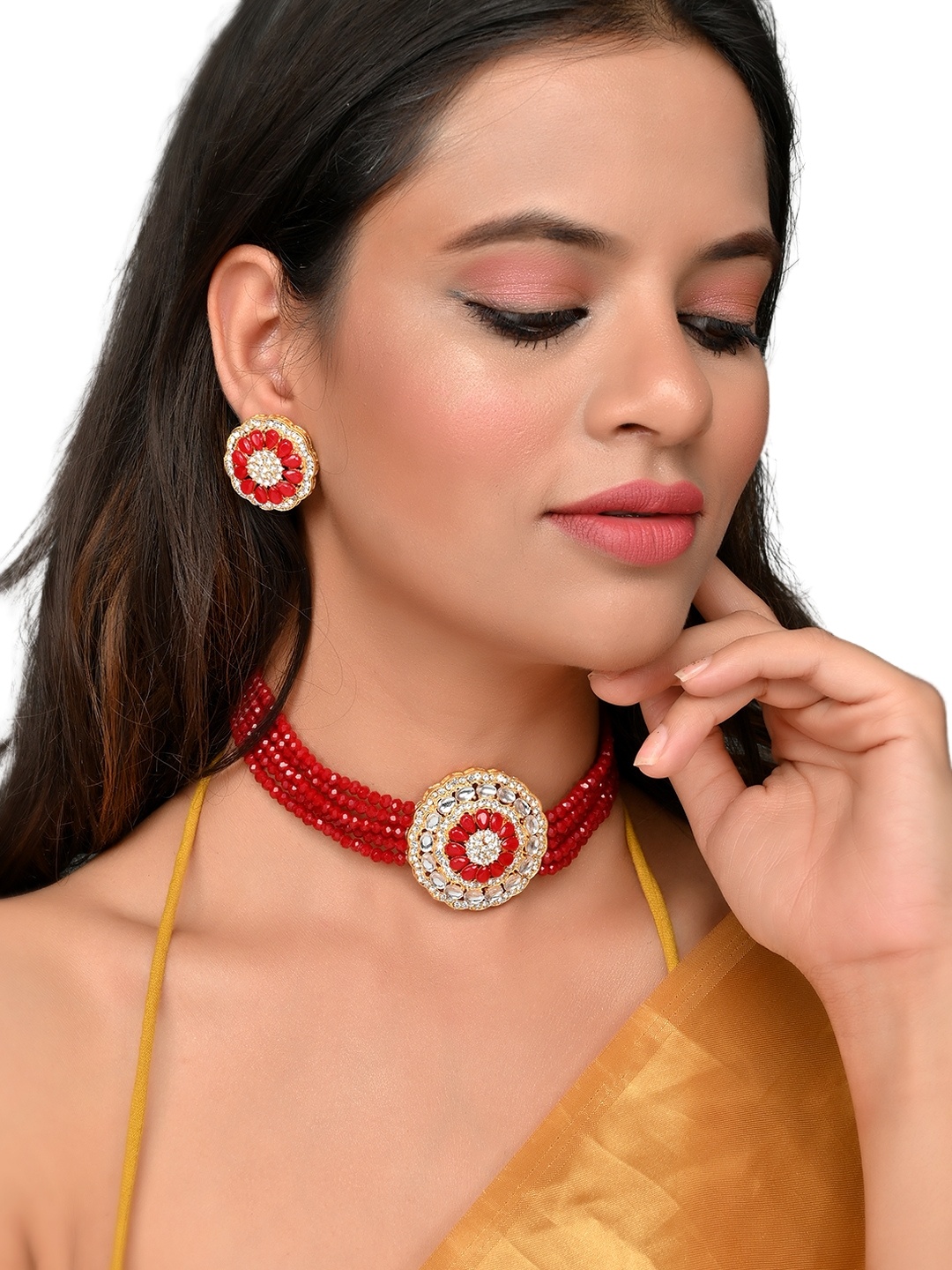 

ROHINIKA Women Red & White Kundan Studded Jewellery Set