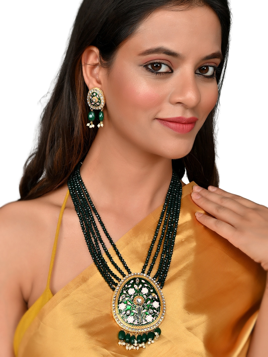

ROHINIKA Gold-Plated Green Kundan Studded & Beaded Meenakari Jewellery Set